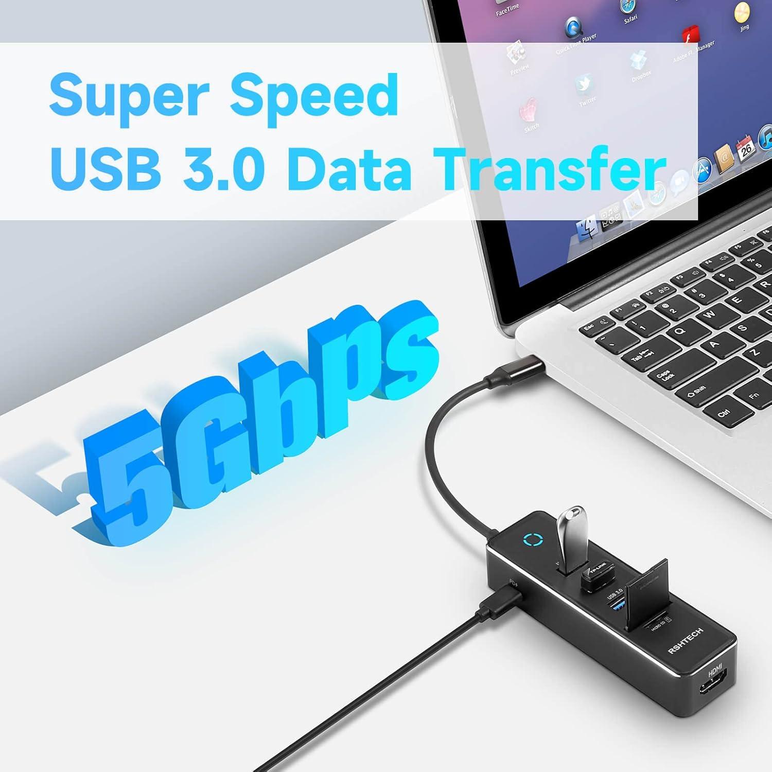 RSHTECH Hub USB-C 7 en 1 con HDMI 4K, 3 USB 3.0, 100W