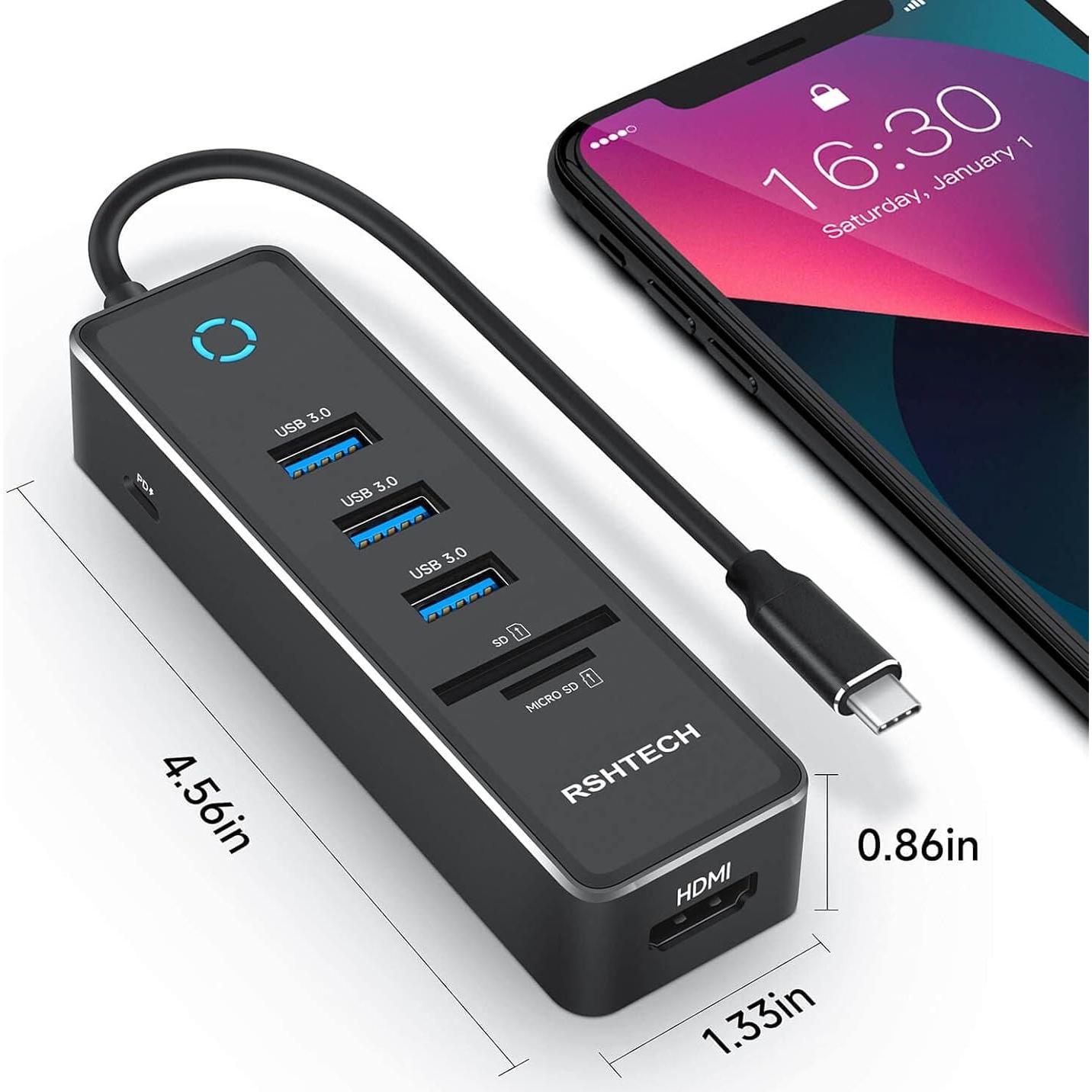 RSHTECH Hub USB-C 7 en 1 con HDMI 4K, 3 USB 3.0, 100W