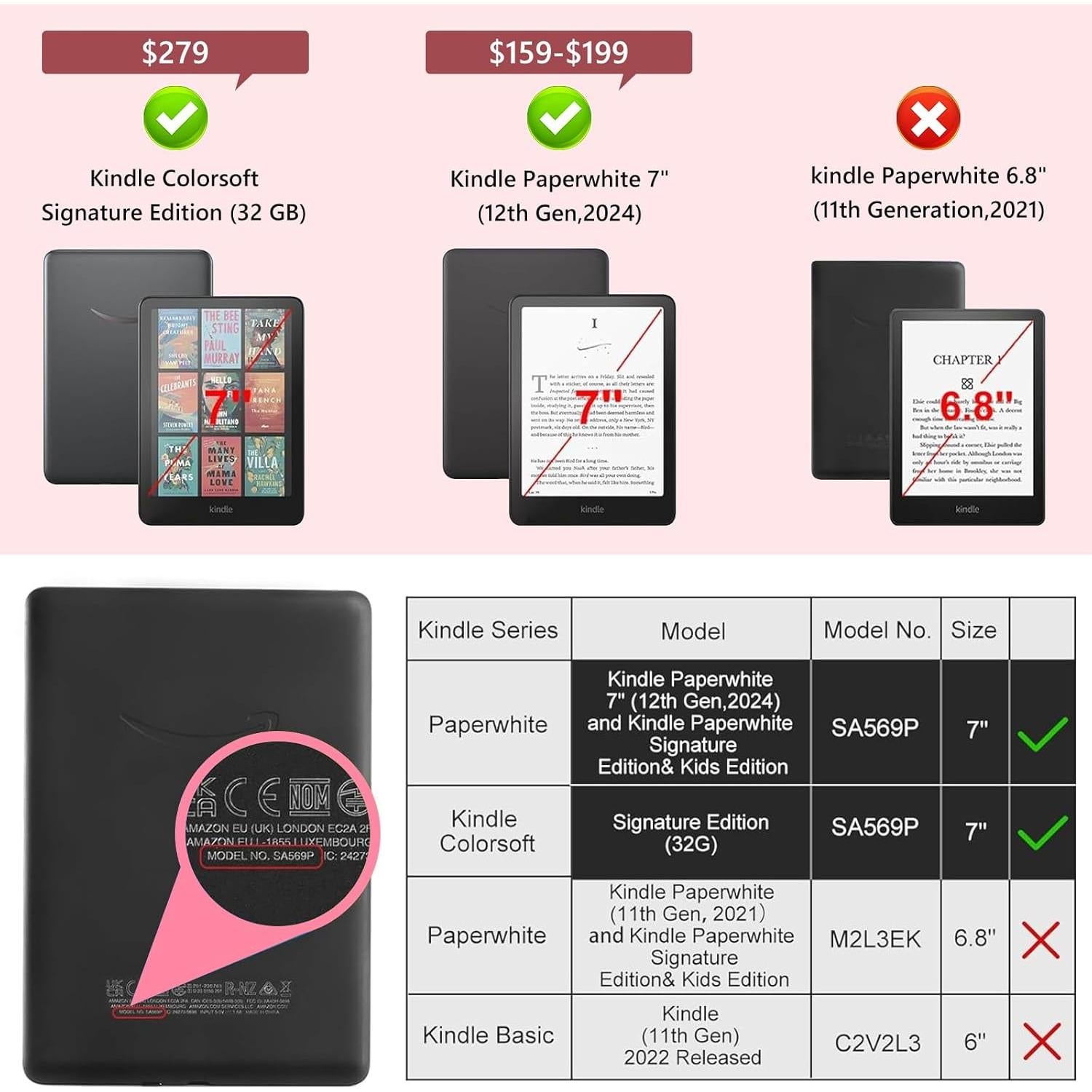 Funda FUWANG para Kindle Paperwhite 12ª Gen 7" Rosa 2024