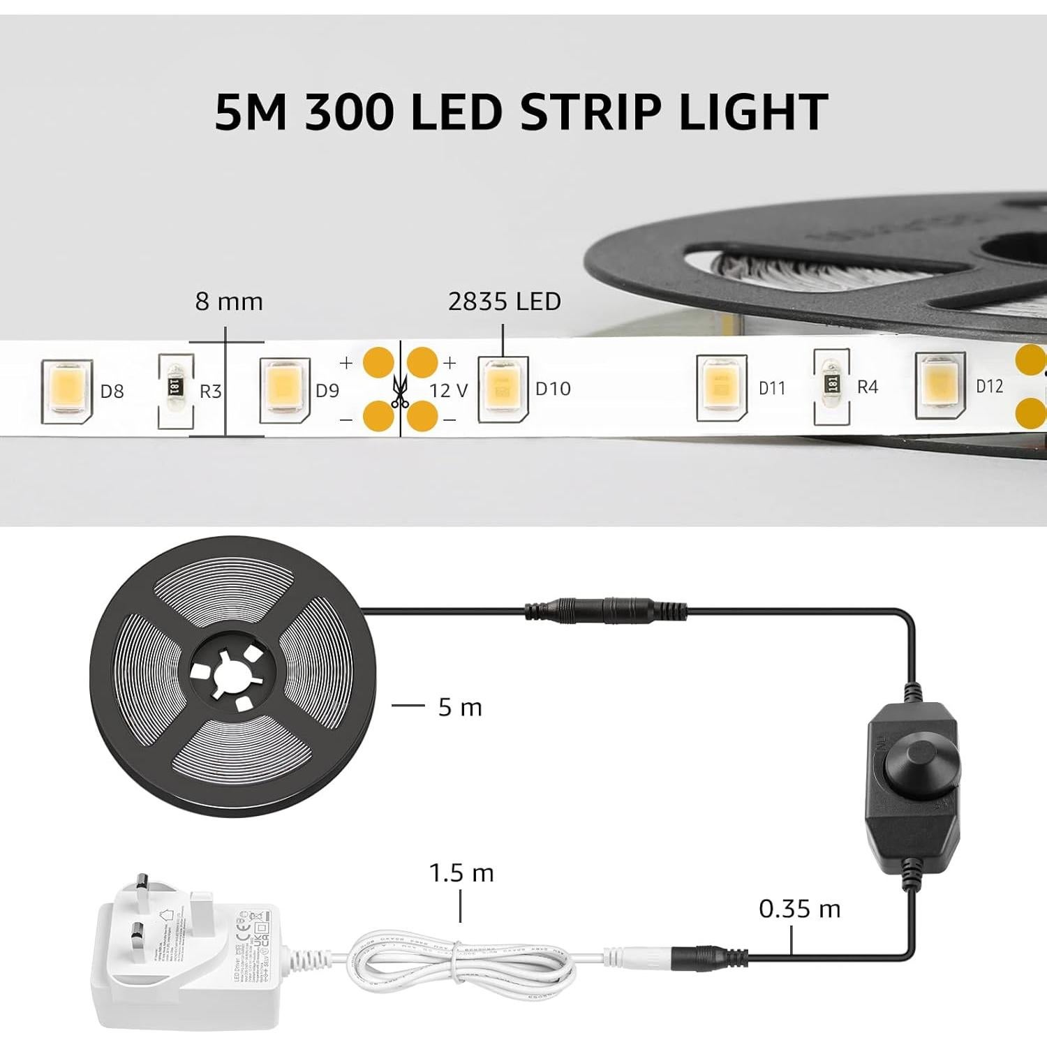 Tira LED Regulable Lepro 5m 300 LEDs Blanco Cálido 3000K