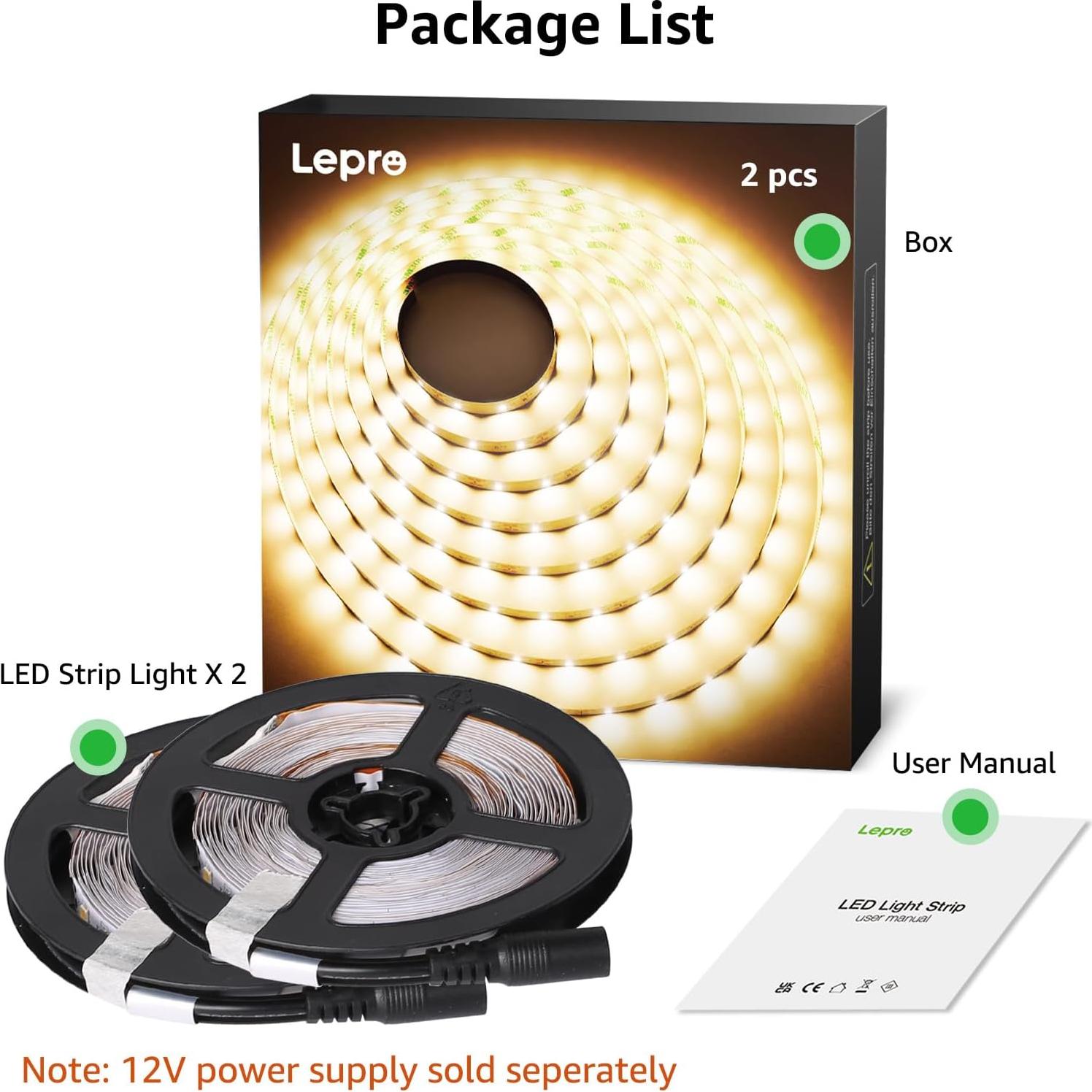 Luz de Tira LED Lepro 10m 12V Blanco Cálido 300 LEDs Paquete de 2