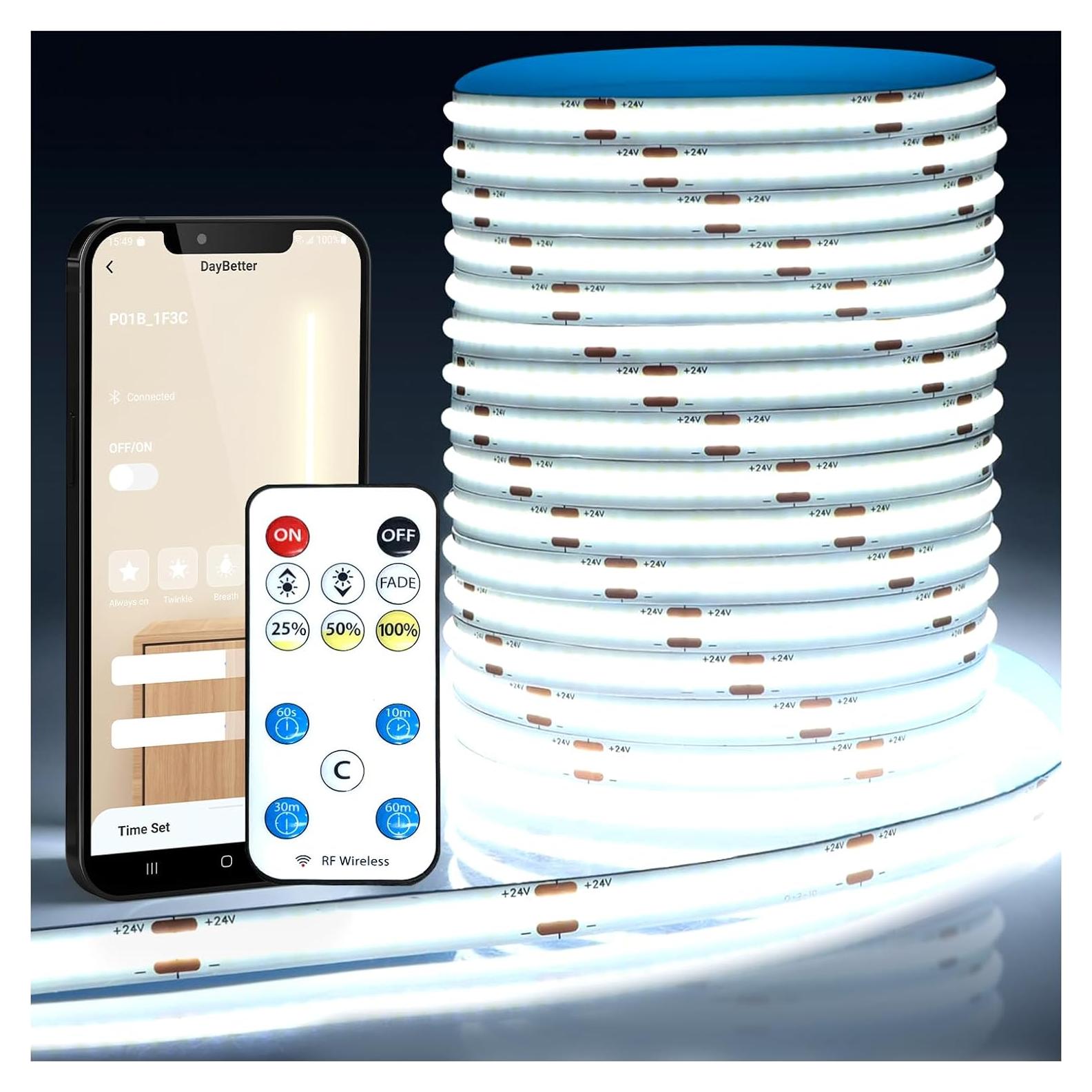 Tira de luces LED COB 5m DAYBETTER 6500K regulable con control remoto