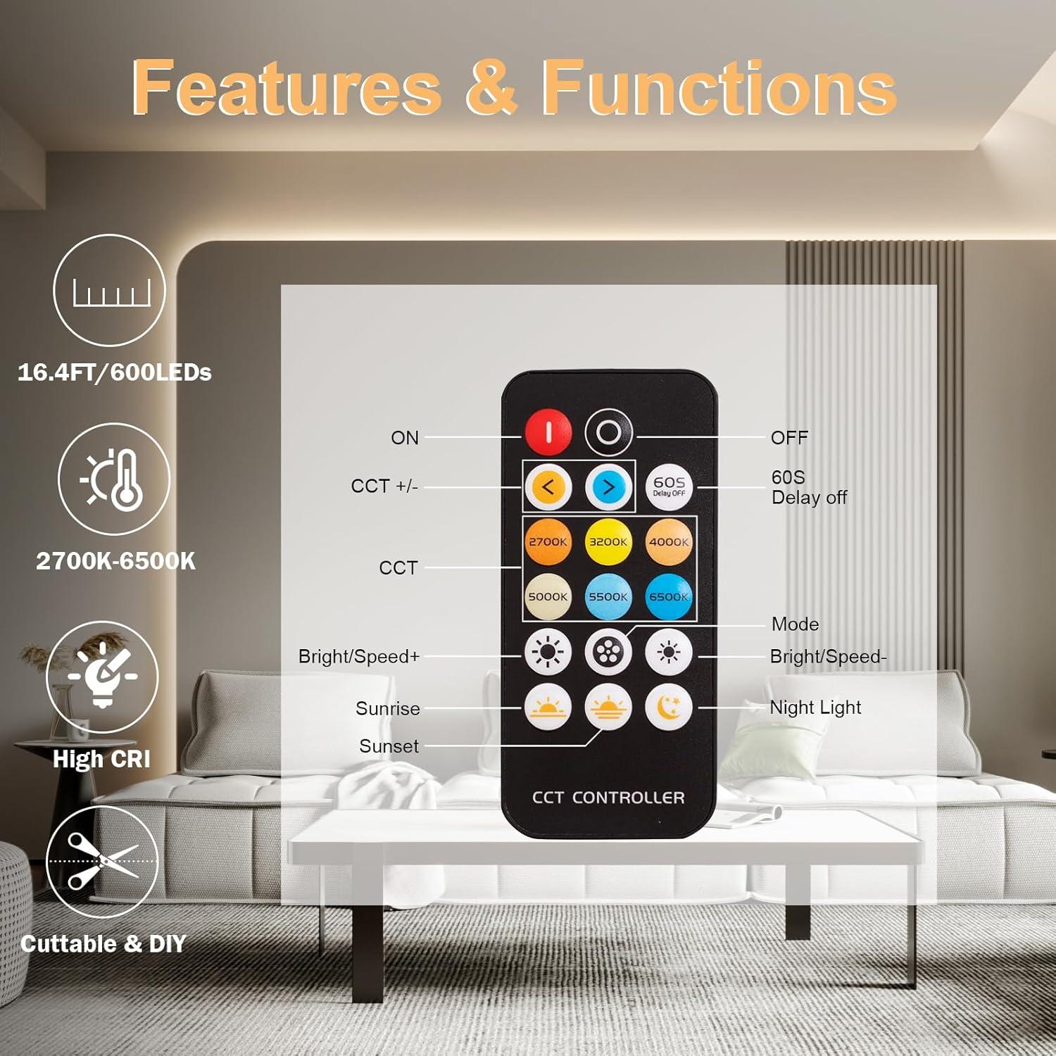 Tira de luz LED 5m PIZHLO regulable 2700K-6500K con control remoto