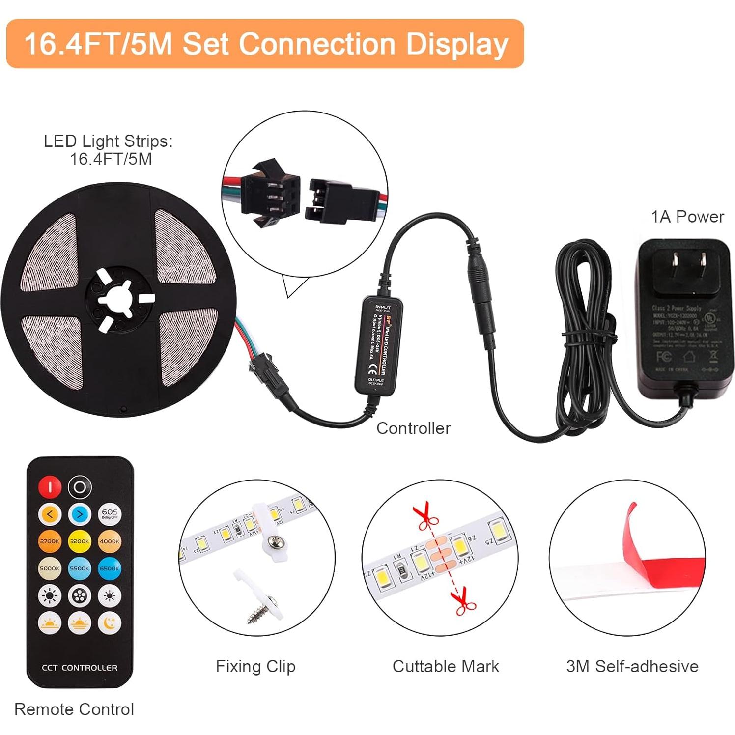 Tira de luz LED 5m PIZHLO regulable 2700K-6500K con control remoto
