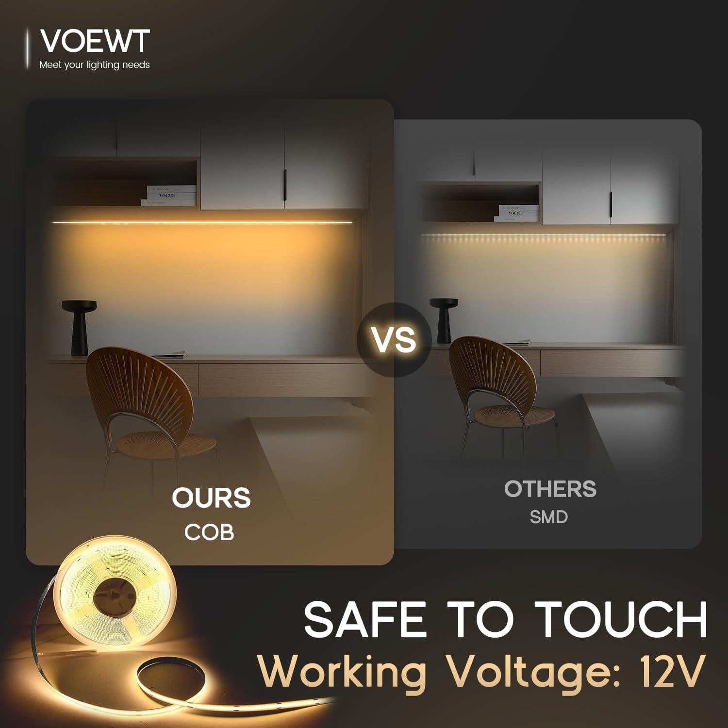 Tira de luces LED COB 5m 12V VOEWT blanca 6000K alta CRI