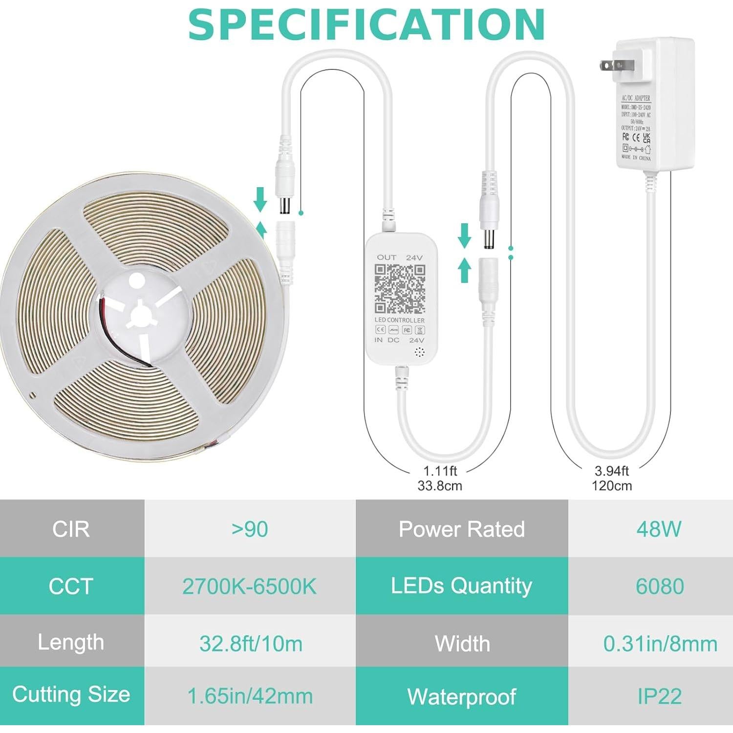 Tira de luz LED COB Wefomey 10m regulable 2700K-6500K