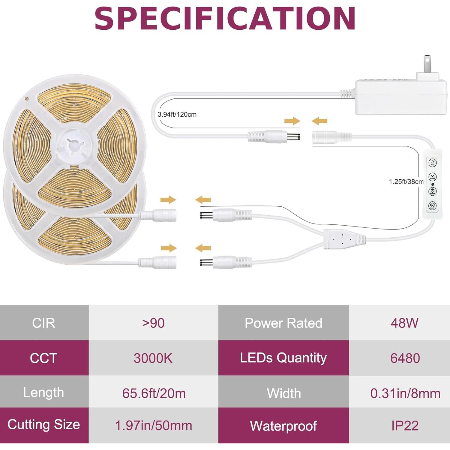 Tira LED COB 20m 3000K Dimmable con Control Remoto - Dong Guan