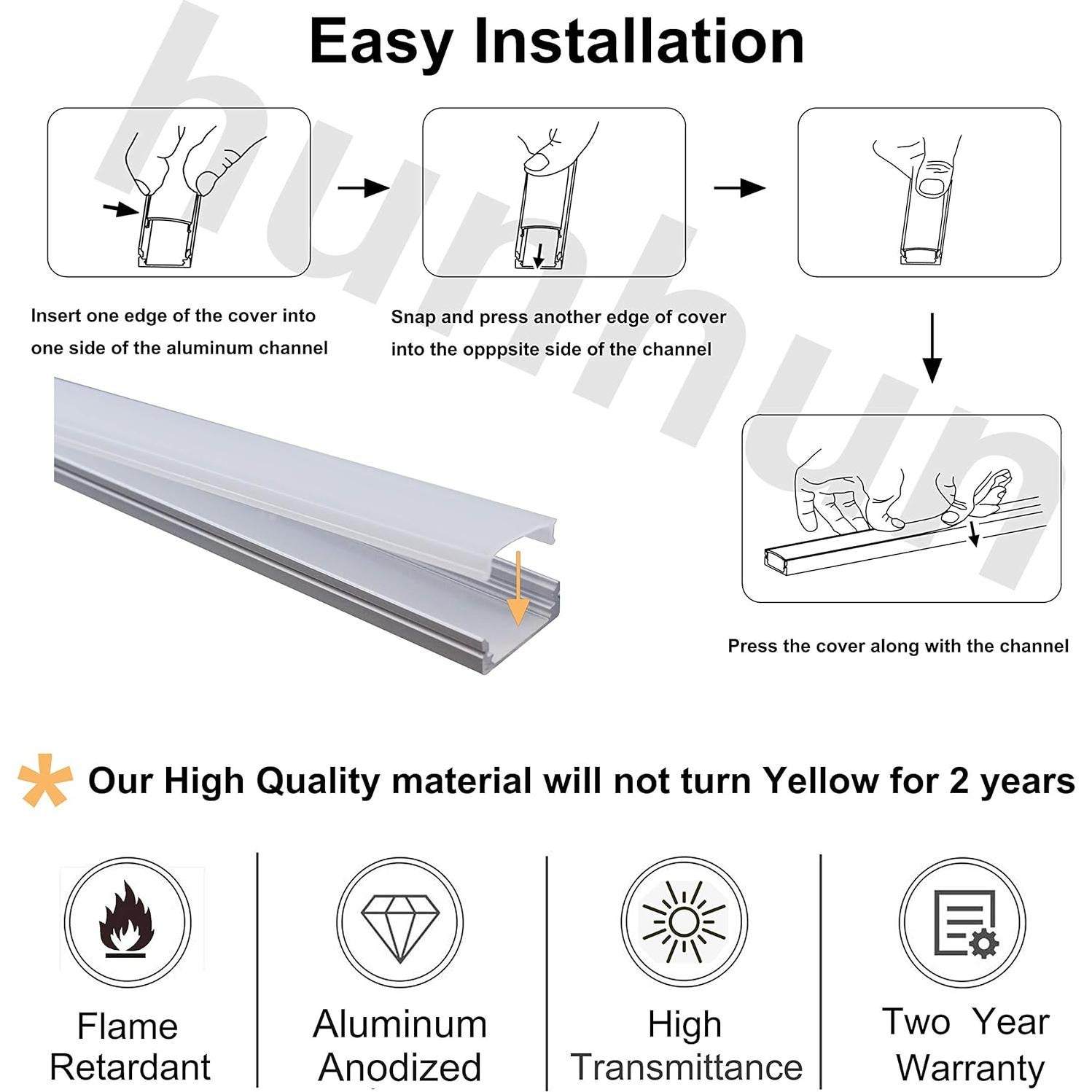 Canal de Aluminio LED en U 10x1m hunhun con Cubierta Lechosa