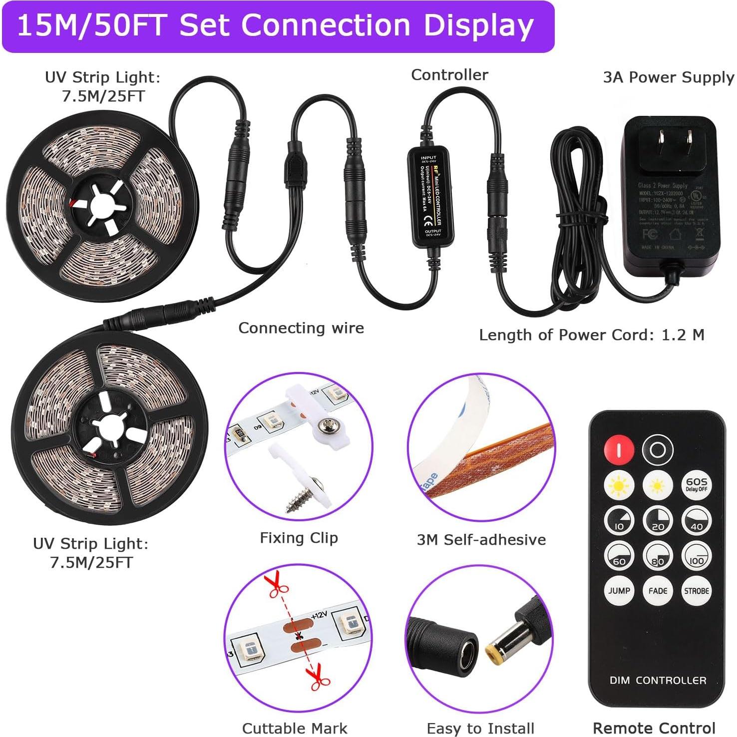 Tira de luz negra LED 15m PIZHLO con control remoto 900 LEDs