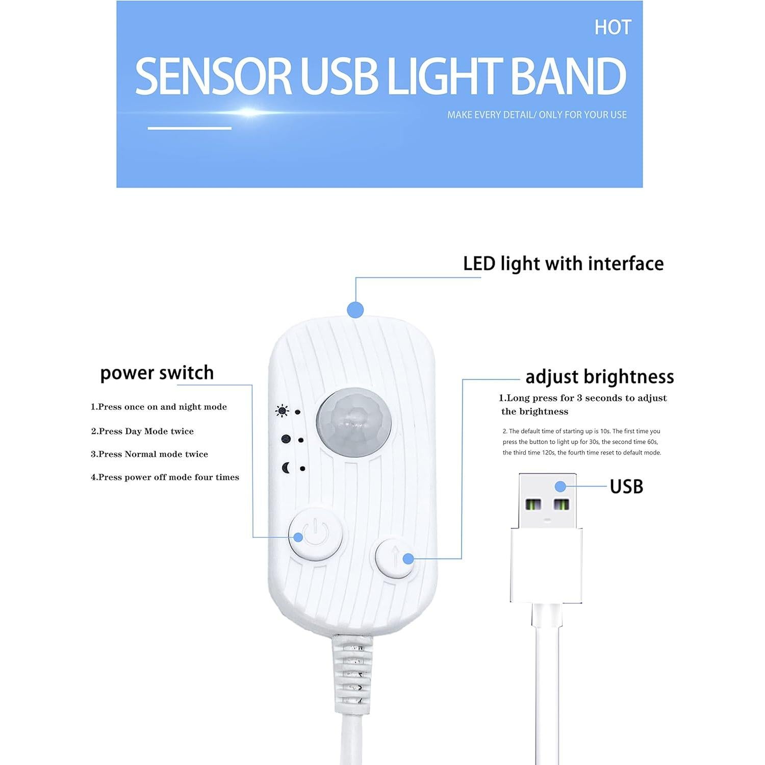 Tira LED USB KAM TONG 3m con sensor de movimiento blanco frío