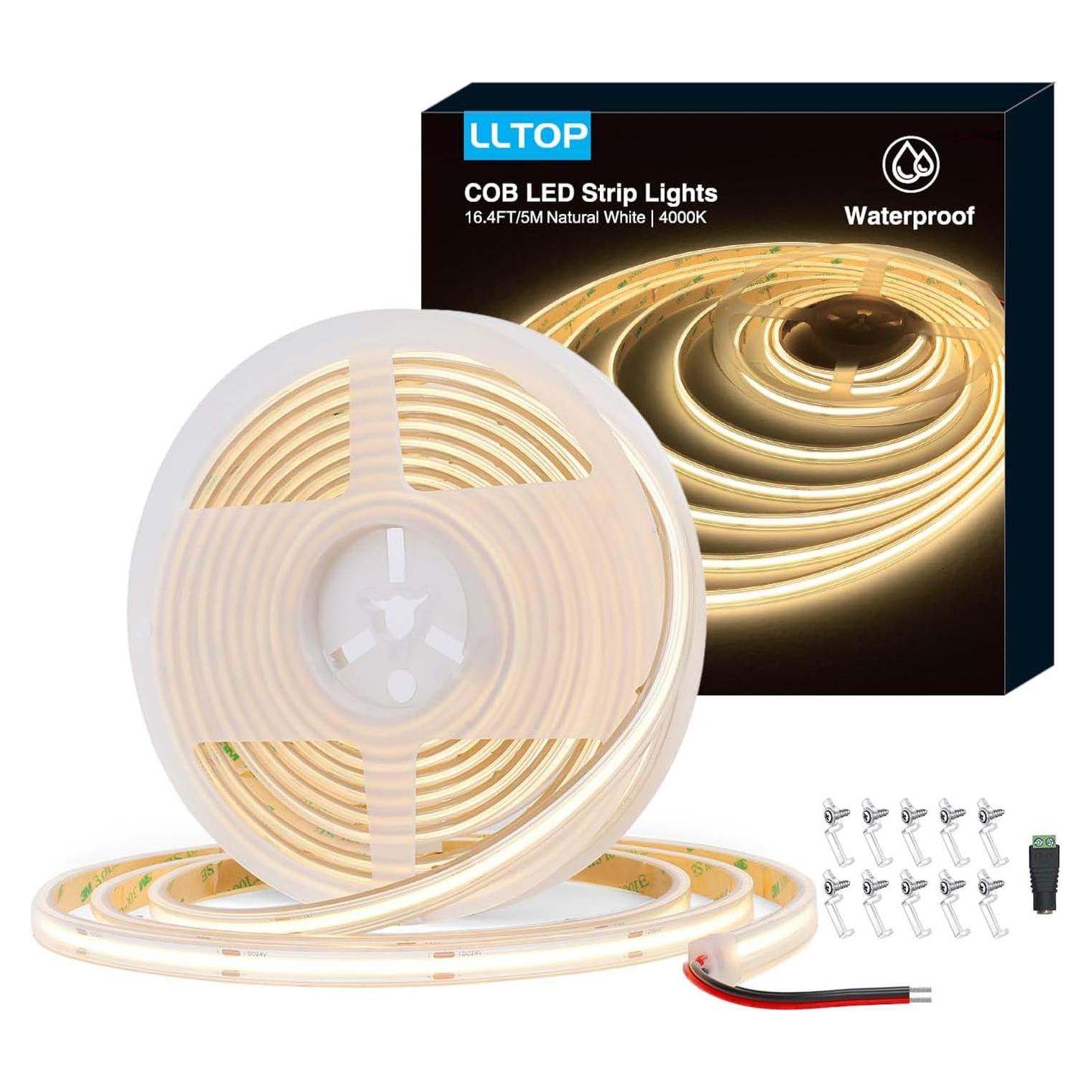 Tira LED COB 5m IP67 4000K LLTOP blanca natural alta CRI