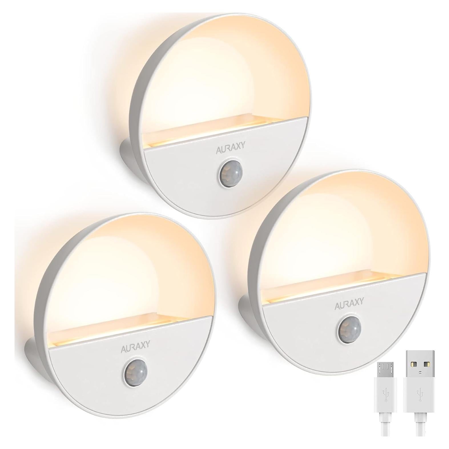 Luz Nocturna LED Recargable AURAXY con Sensor de Movimiento 3 Paquete