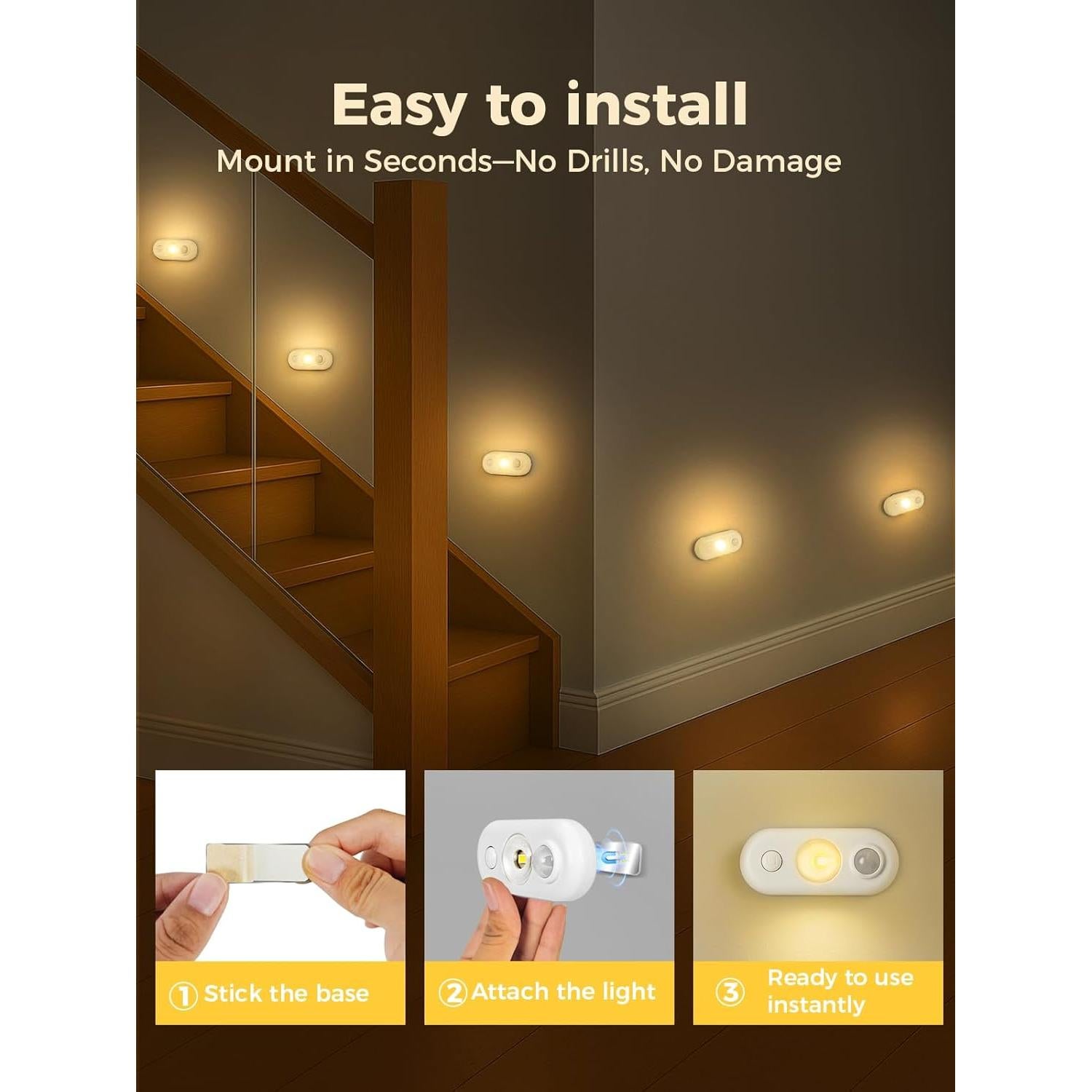 Luces LED con Sensor de Movimiento Recargables 3000K - Paquete de 6