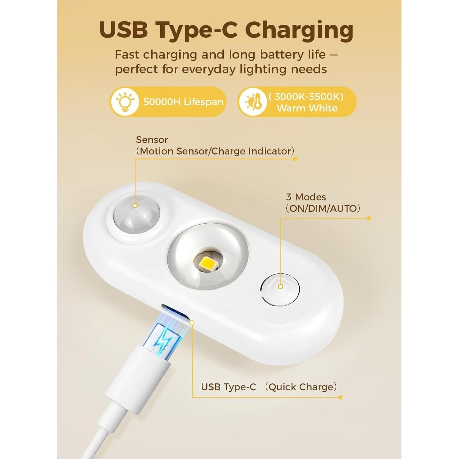 Luces LED con Sensor de Movimiento Recargables 3000K - Paquete de 6