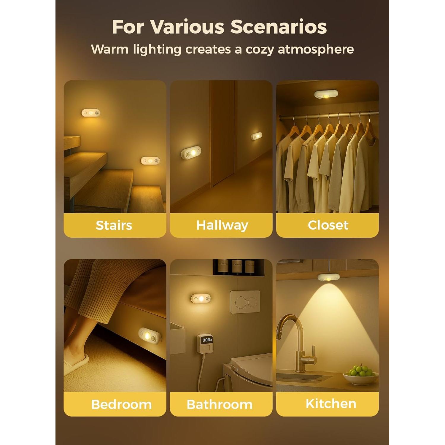 Luces LED con Sensor de Movimiento Recargables 3000K - Paquete de 6