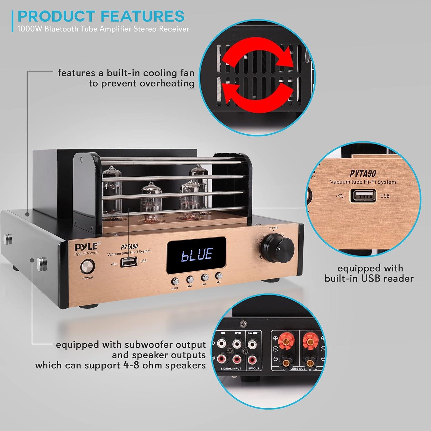 Amplificador de Tubo Pyle PVTA90 Bluetooth 1000W 4 Tubos