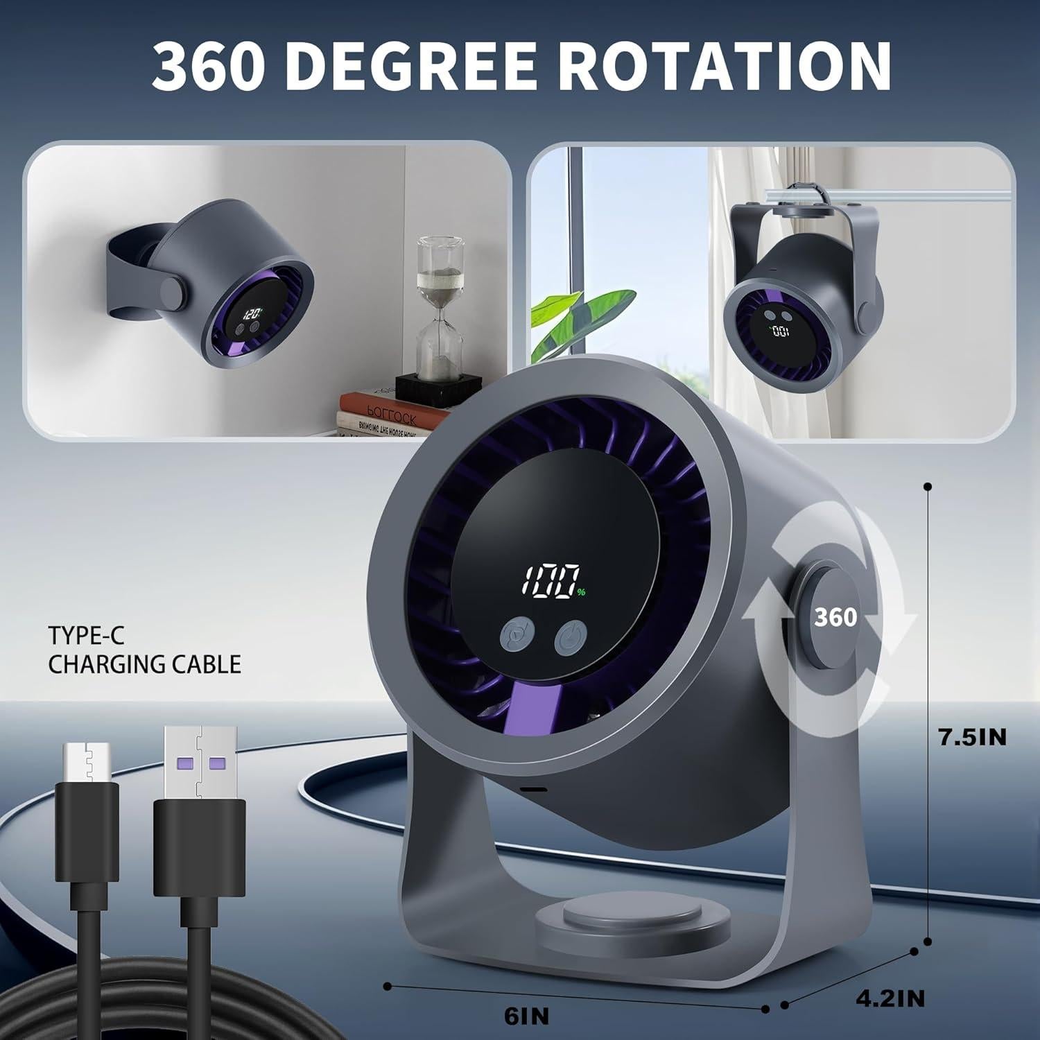 Ventilador de Escritorio hYwecy FF18, 360° Rotación, 1-120 Velocidades, Batería 4000mAh