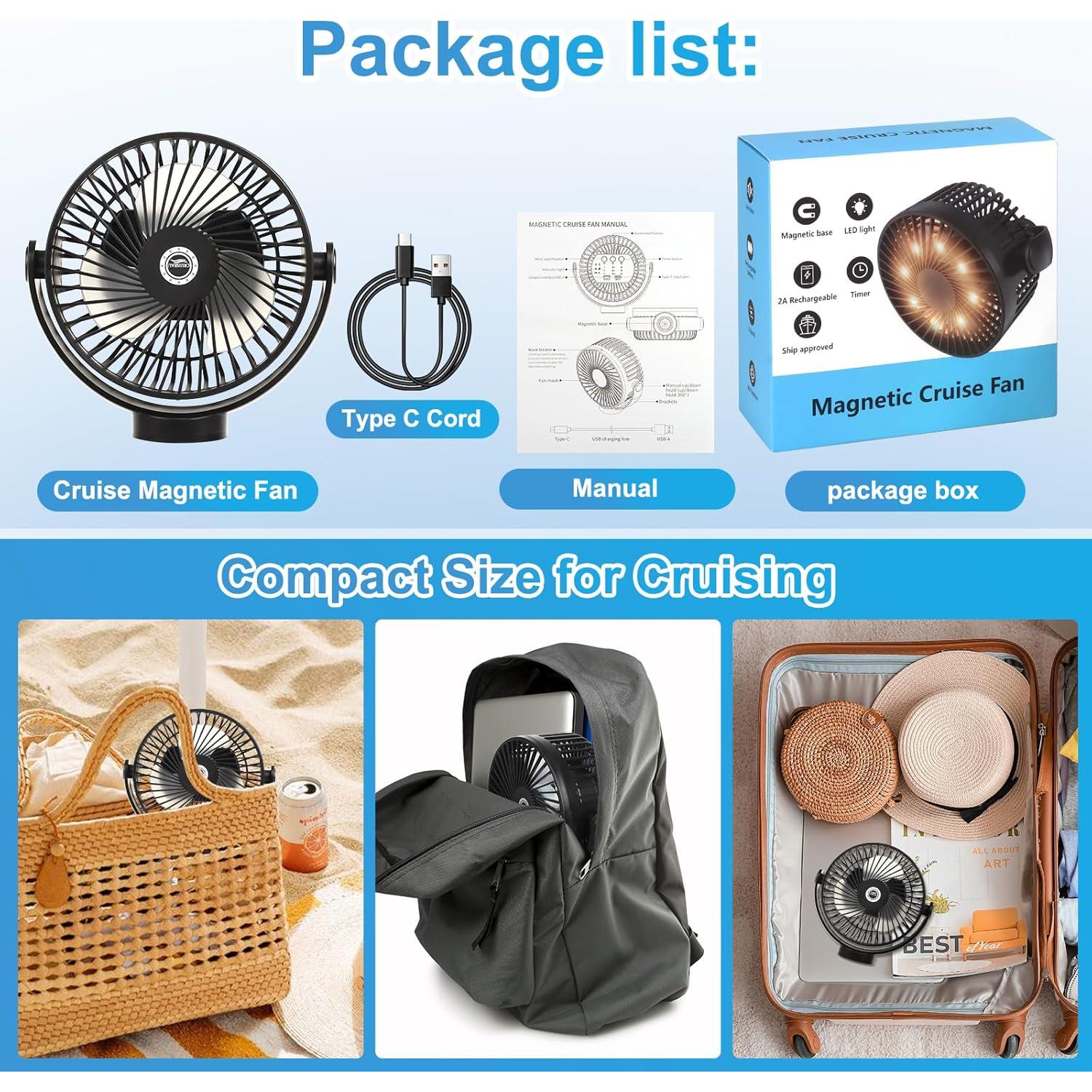 Ventilador de Crucero CruiSeaU Magnético 8000mAh Luz LED