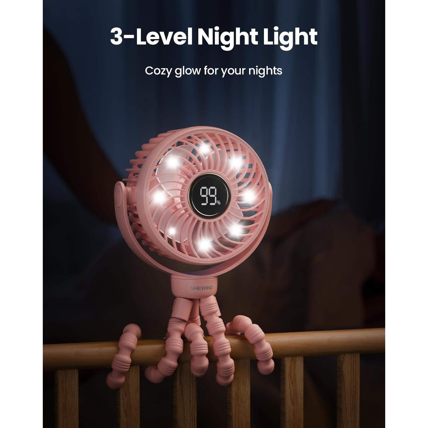 Ventilador de Cochecito SHEWIND S15 Pro Rosa Recargable 4000mAh