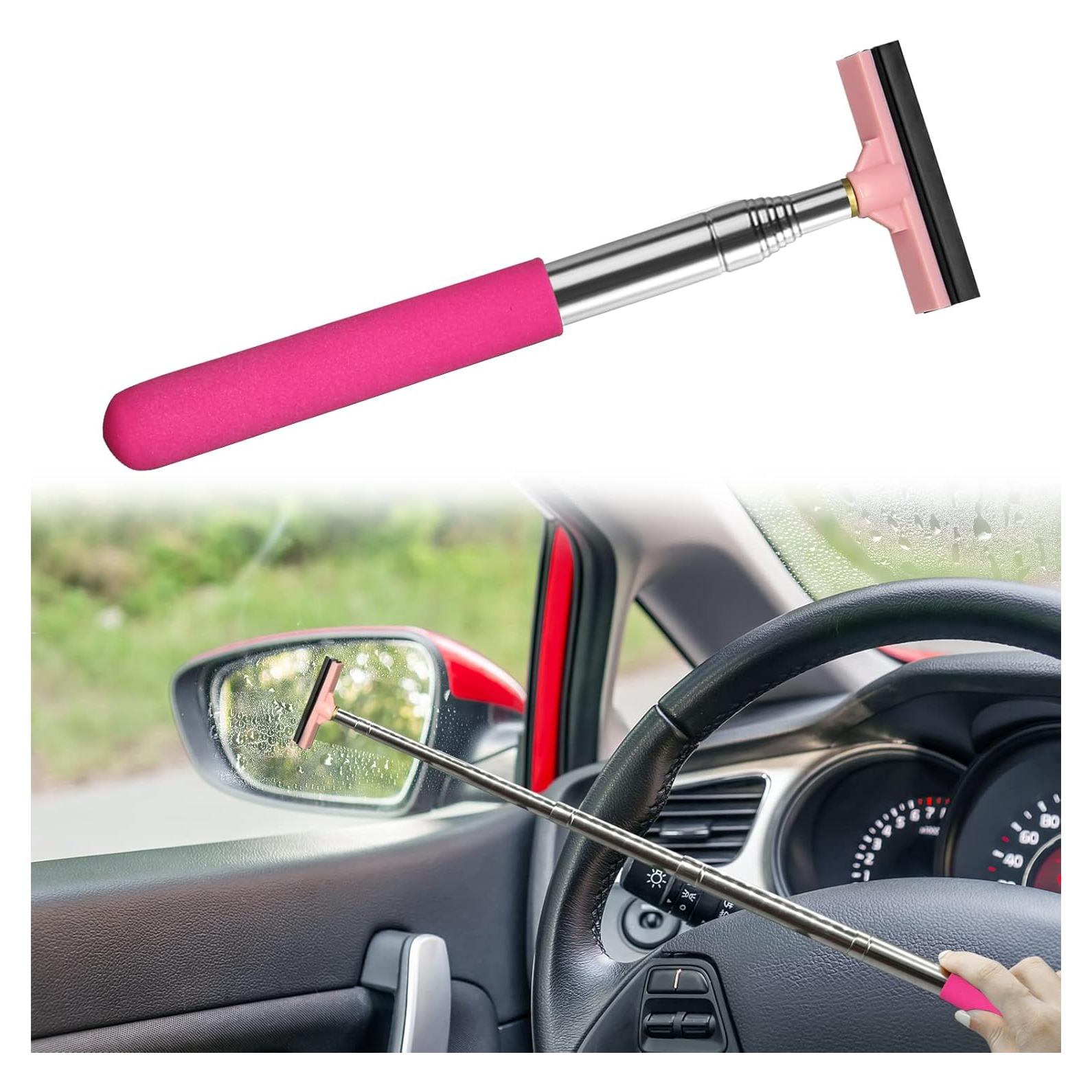 Car Rearview Mirror Wiper, Retractable Window Squeegee, Small Auto Squeegee Cleaner Water Side Mirror Wiper with Telescopic Long Handle, Snow Brush & Ice Scraper Car Accessories Cleaner Tool（Pink）
