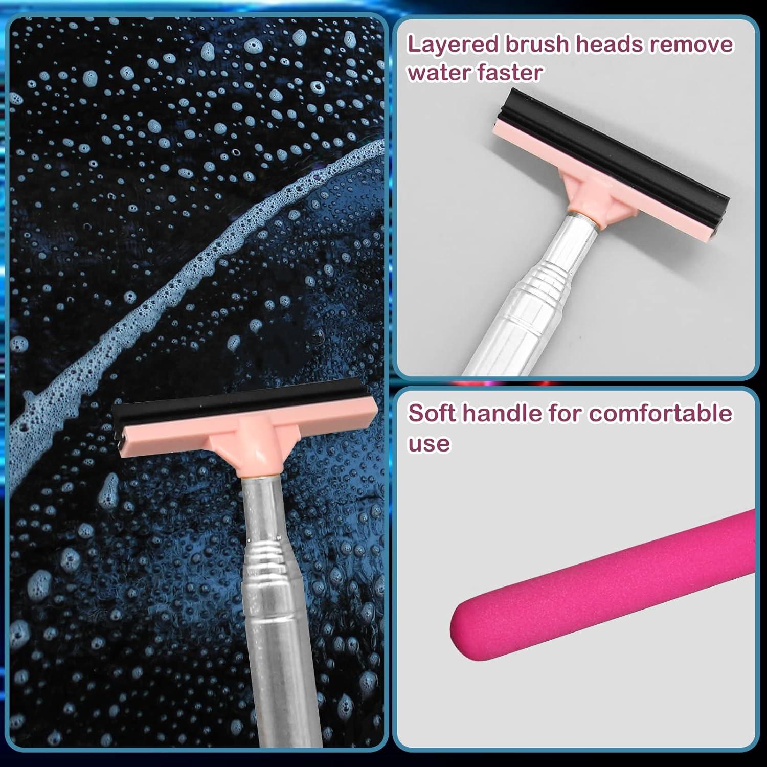 Car Rearview Mirror Wiper, Retractable Window Squeegee, Small Auto Squeegee Cleaner Water Side Mirror Wiper with Telescopic Long Handle, Snow Brush & Ice Scraper Car Accessories Cleaner Tool（Pink）