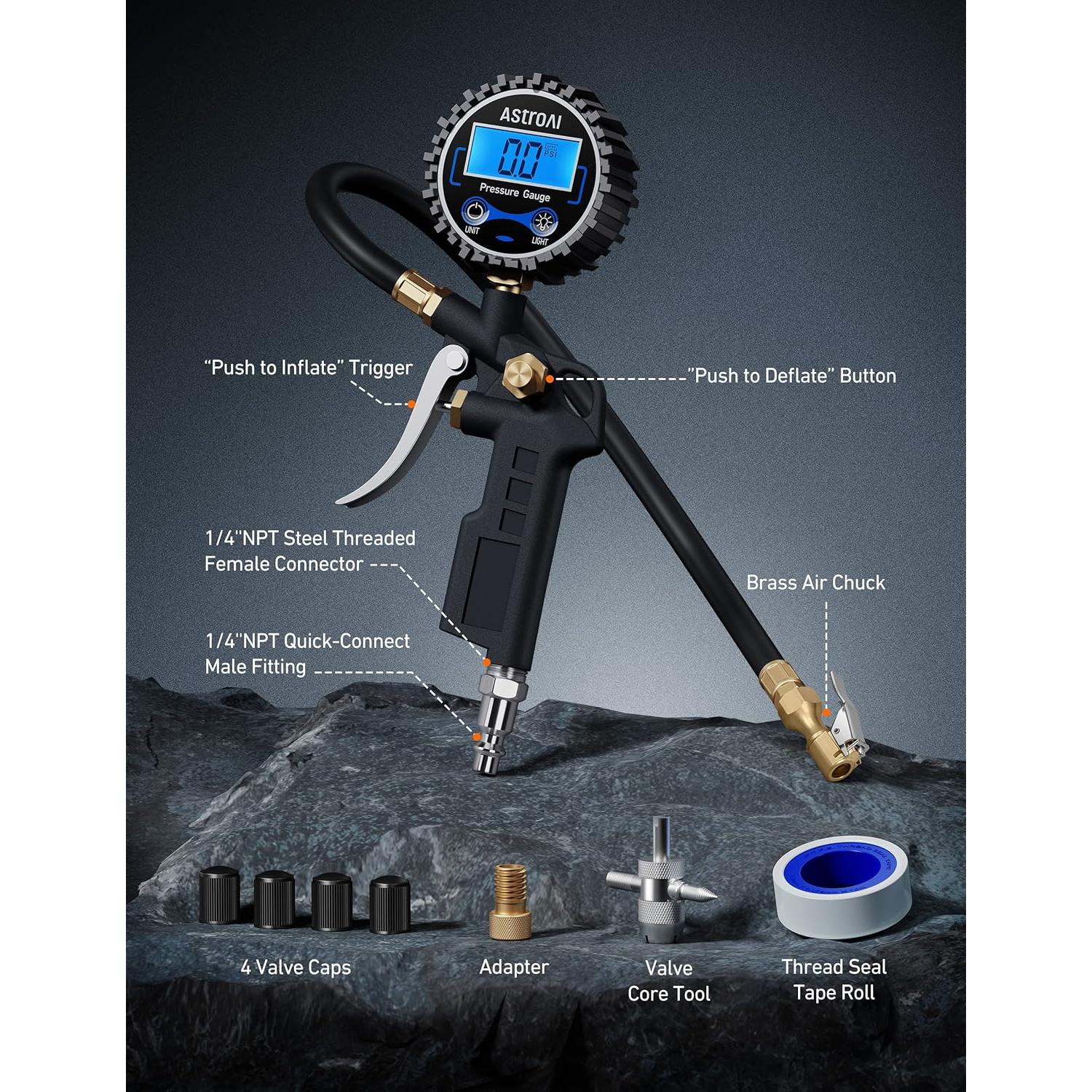 Medidor de Presión de Neumáticos Digital AstroAI 250 PSI con Inflador