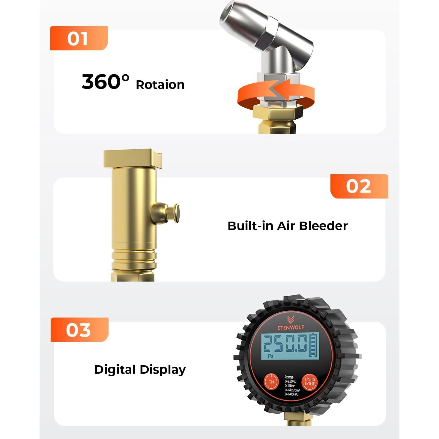 Medidor Digital de Presión de Neumáticos ETENWOLF T400 0-17.24 bar