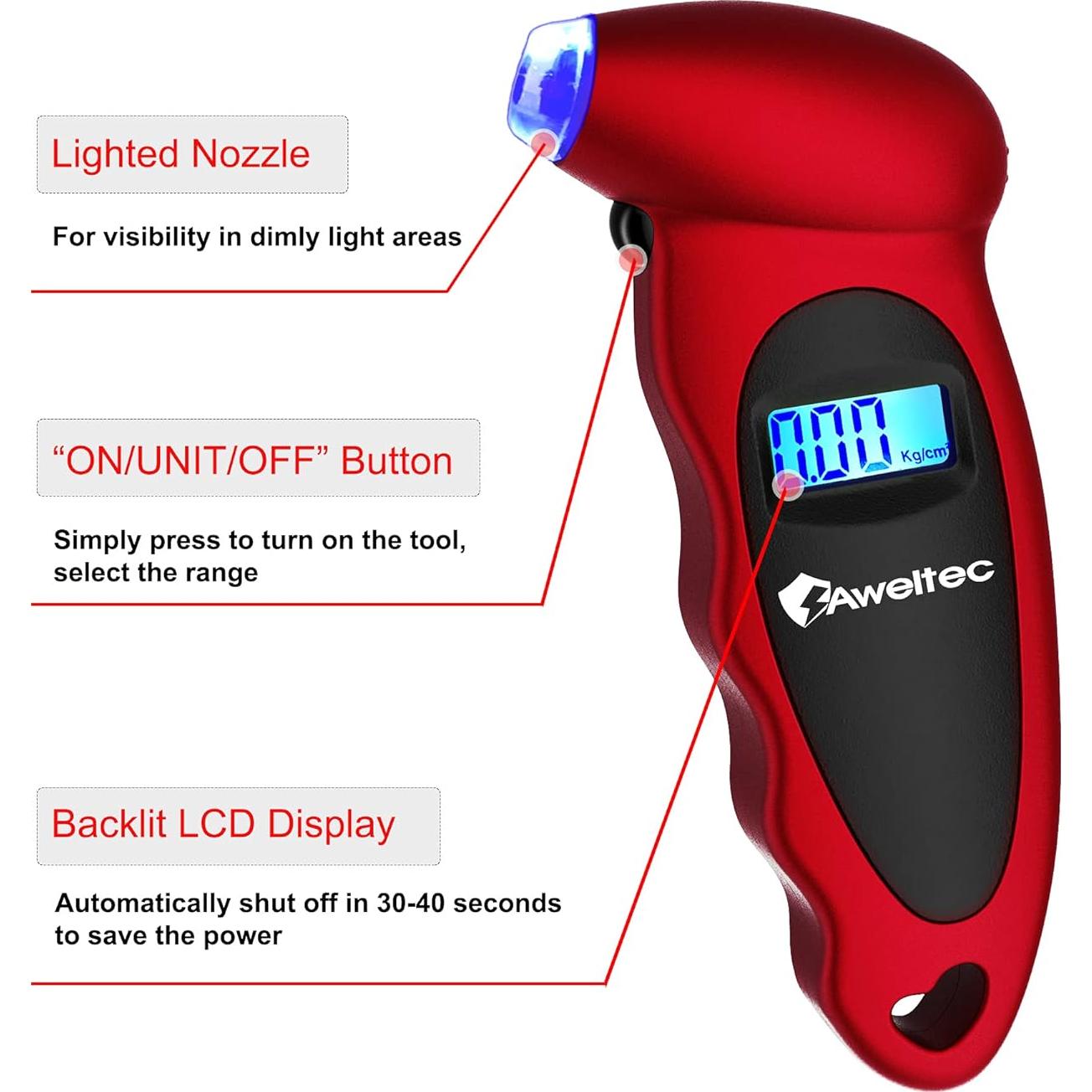 Medidor Digital de Presión de Neumáticos AWELTEC Rojo 150 PSI
