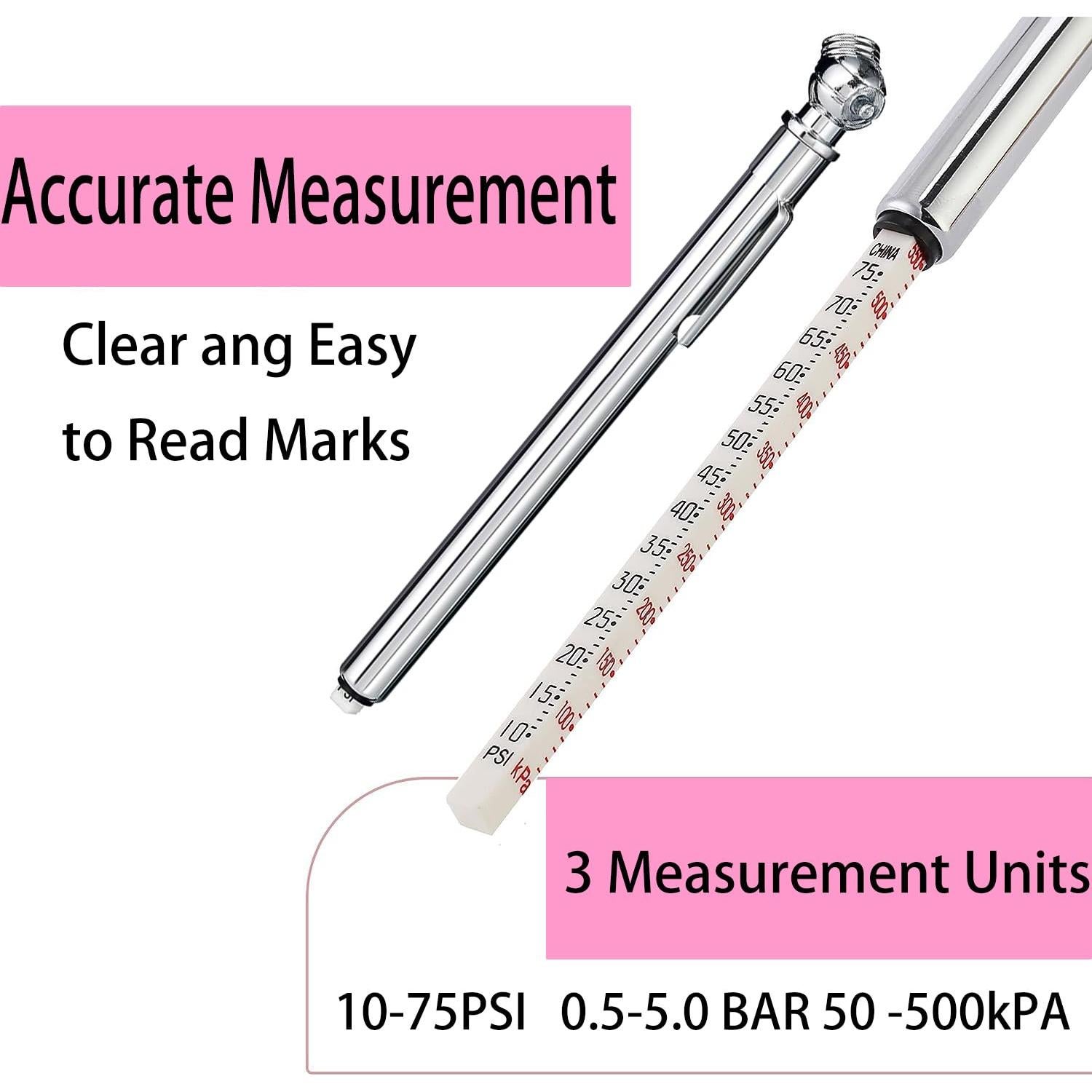 Medidor de Presión de Neumáticos PINKJOY Acero Inoxidable 10-75 PSI