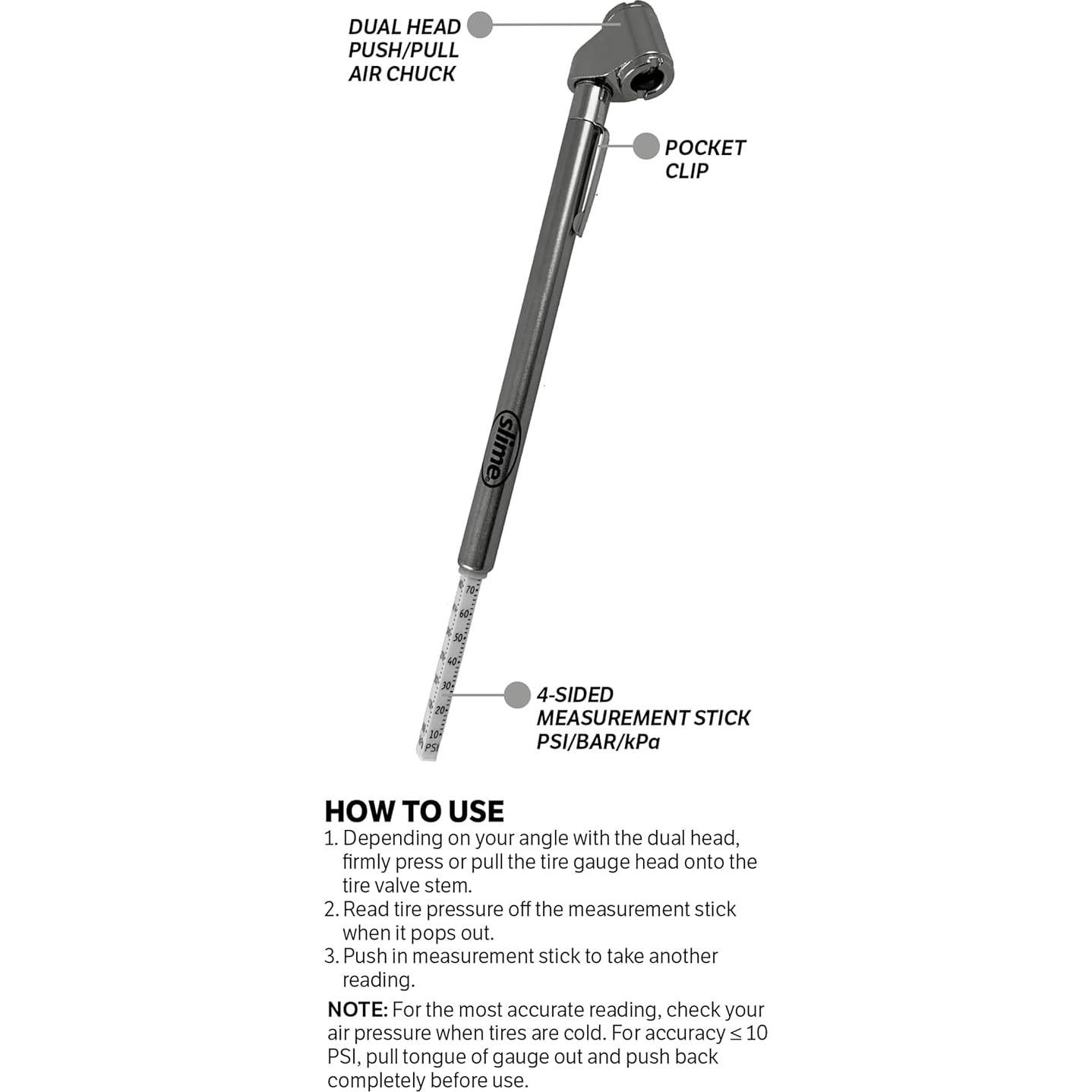 Medidor de presión de neumáticos Slime 2016-A, doble cabeza, 10-120 psi