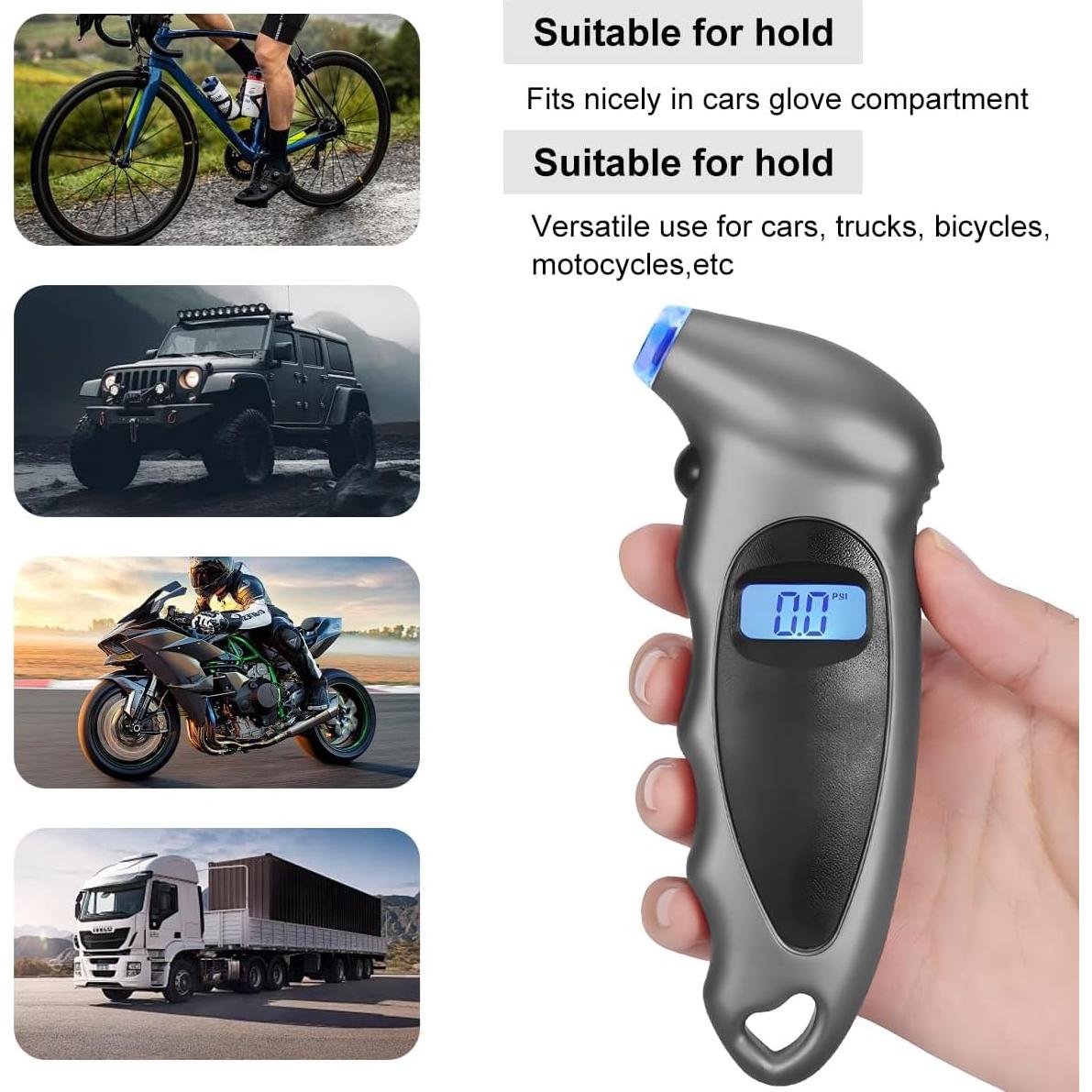 Medidor Digital de Presión de Neumáticos KVAEY 0-10 Bar Gris