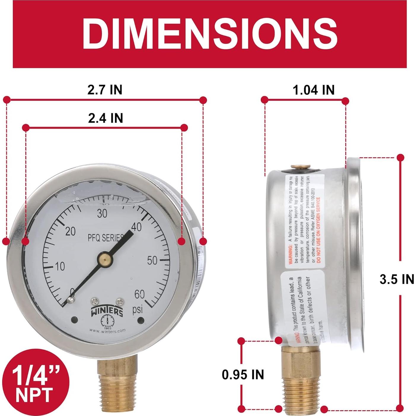 Manómetro Industrial Winters PFQ 2.5" Escala 0-60 PSI