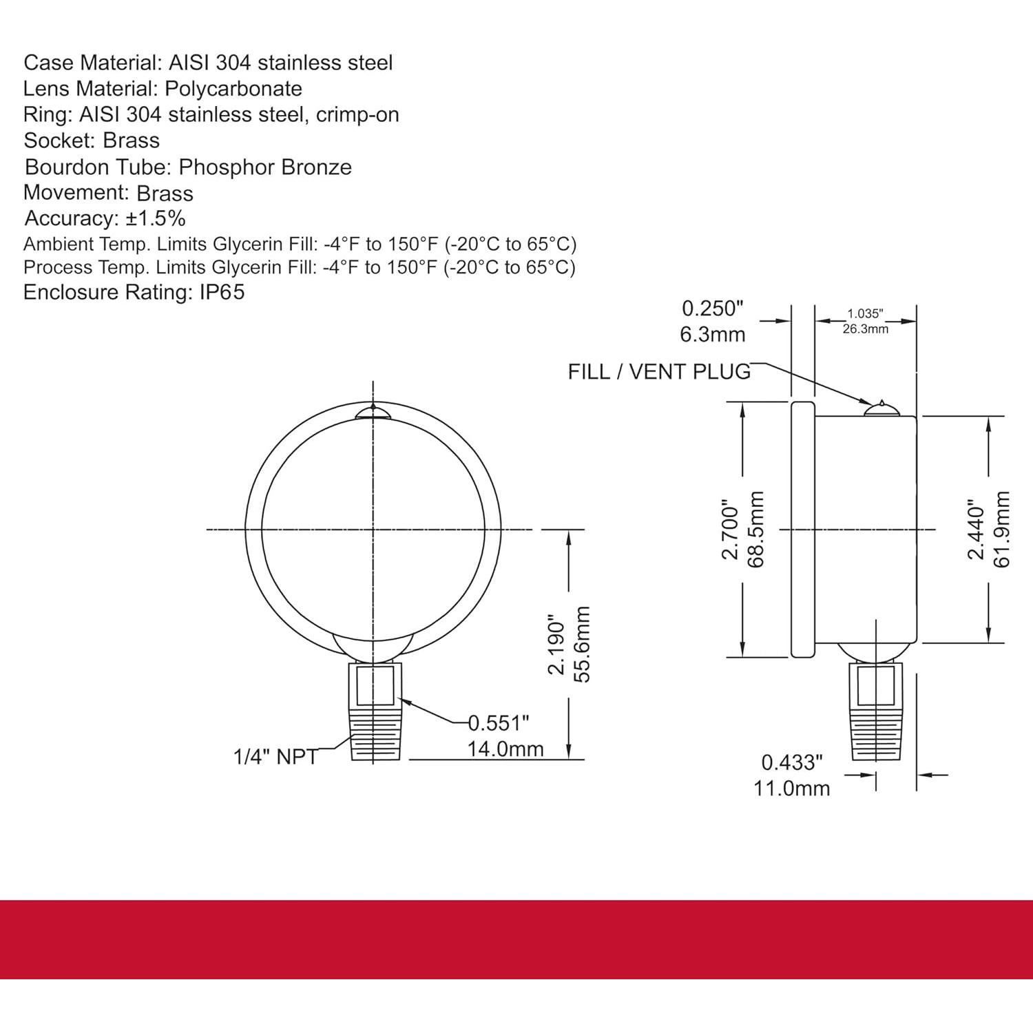 Manómetro Industrial Winters PFQ 2.5" Escala 0-60 PSI