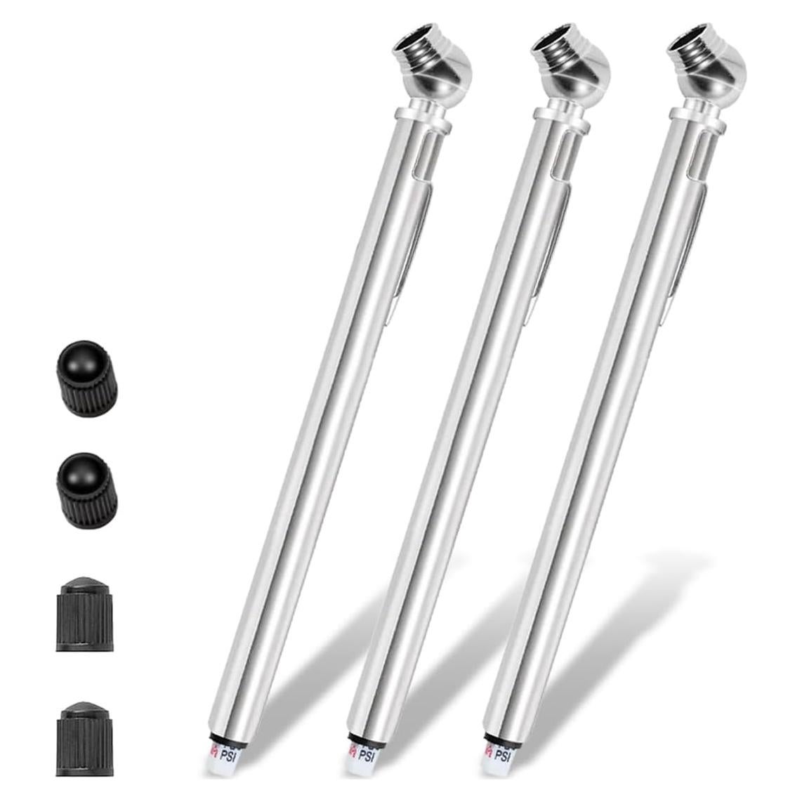 Pencil Tire Pressure Gauge, Mechanical Air Gage, Stainless Steel Single Chuck with Valve Stem Cap, Wheel Air Pressure Gauge for Car Truck RV, 3PCS