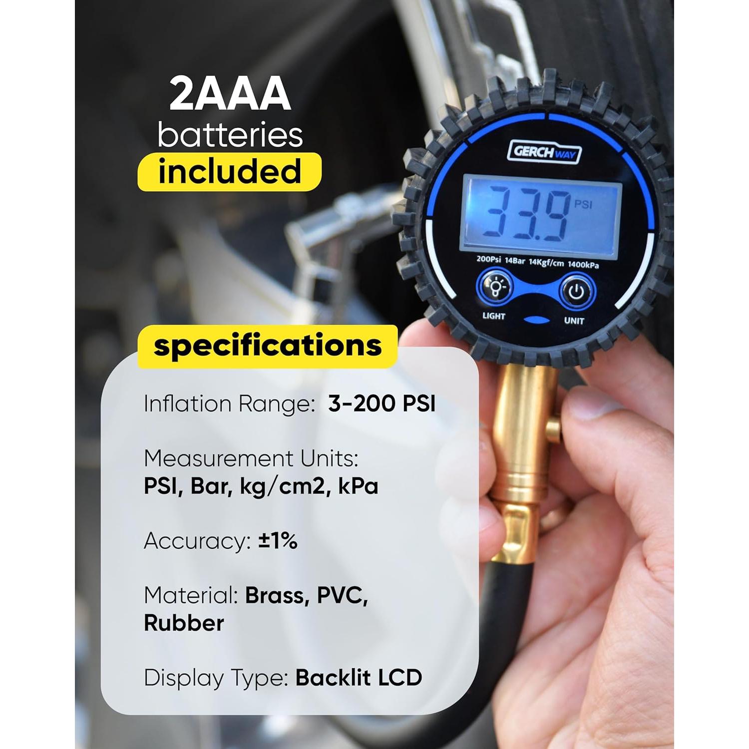 Medidor Digital de Presión de Neumáticos Gerchway 200 PSI