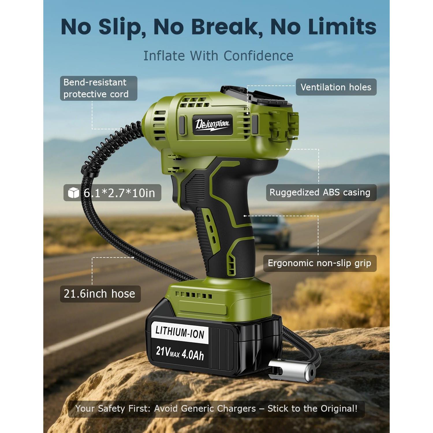 Inflador de Neumáticos Portátil DEJUNPIOOL 21V 4000mAh LED