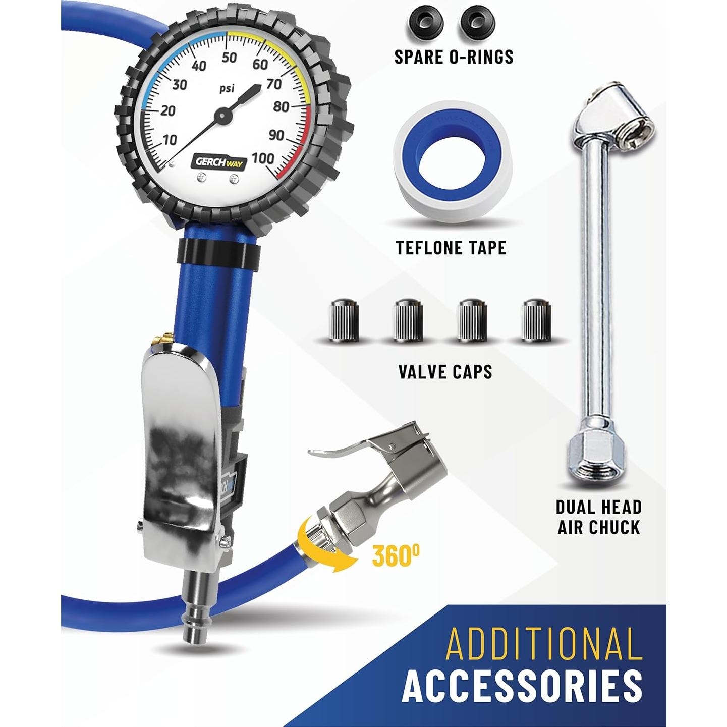 Manómetro de presión de neumáticos Gerchway 100 PSI con inflador