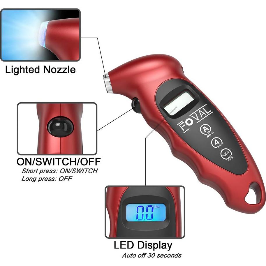 Medidor de Presión de Neumáticos Digital FOVAL 0-10 Bar 4 Piezas