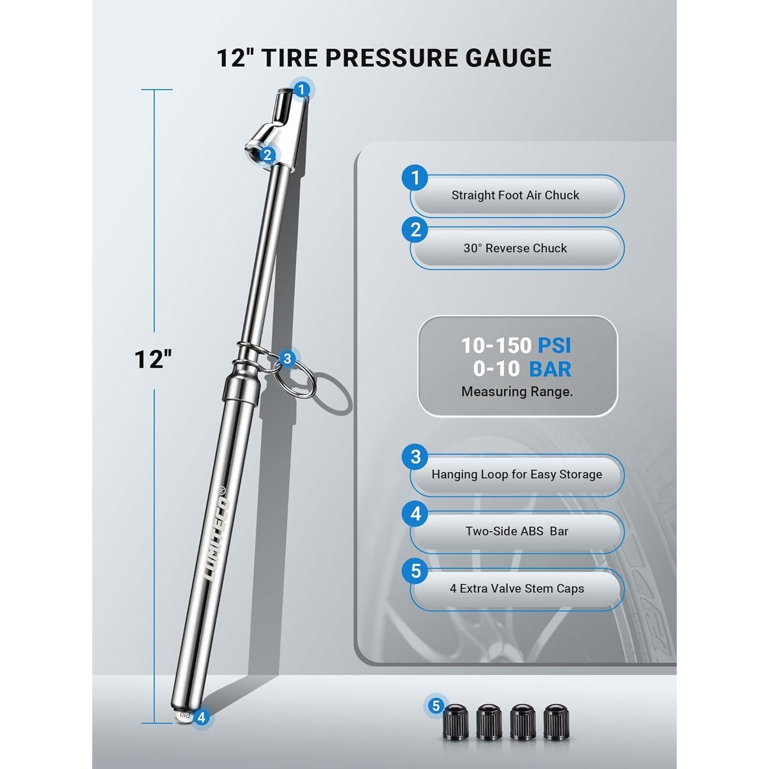 Medidor de Presión de Neumáticos LUMITECO Doble Cabeza 10-150 PSI