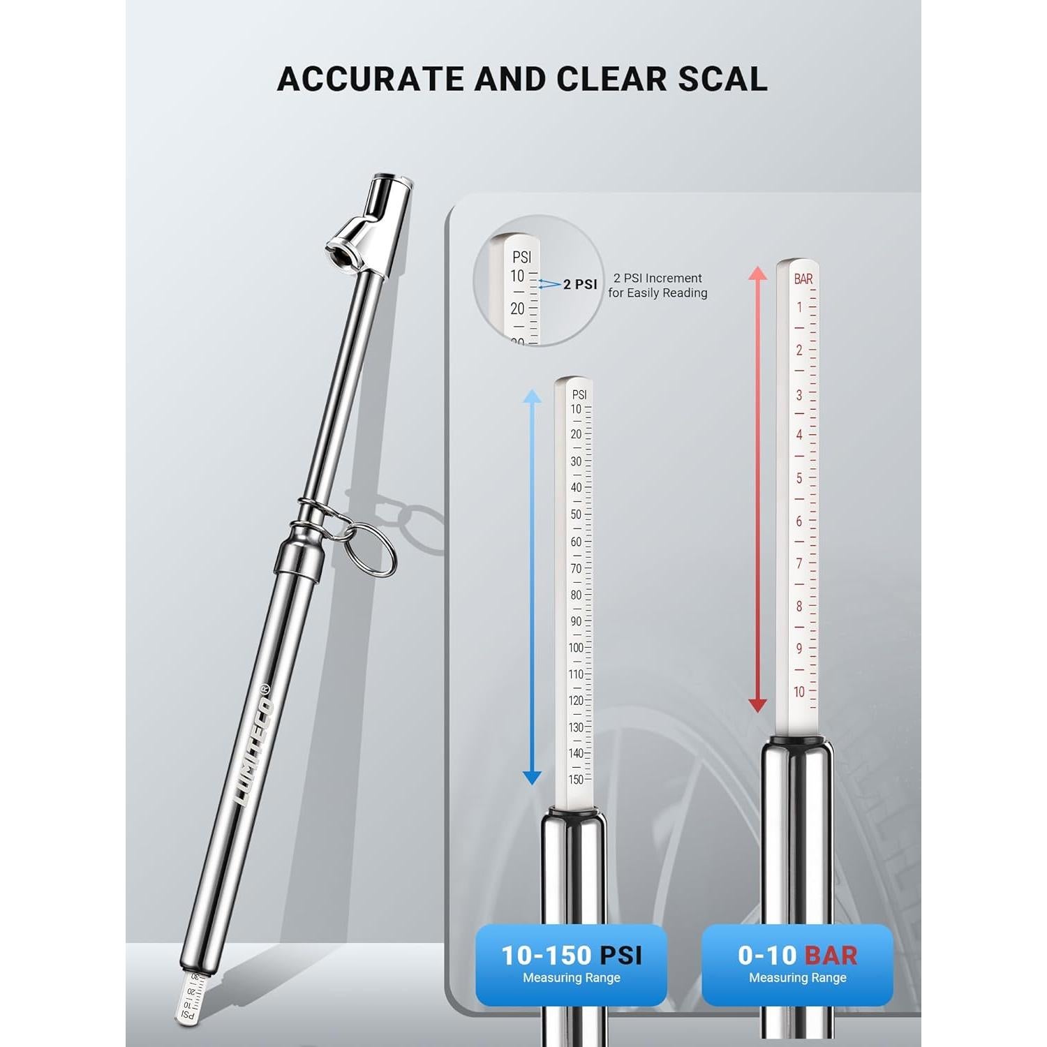 Medidor de Presión de Neumáticos LUMITECO Doble Cabeza 10-150 PSI