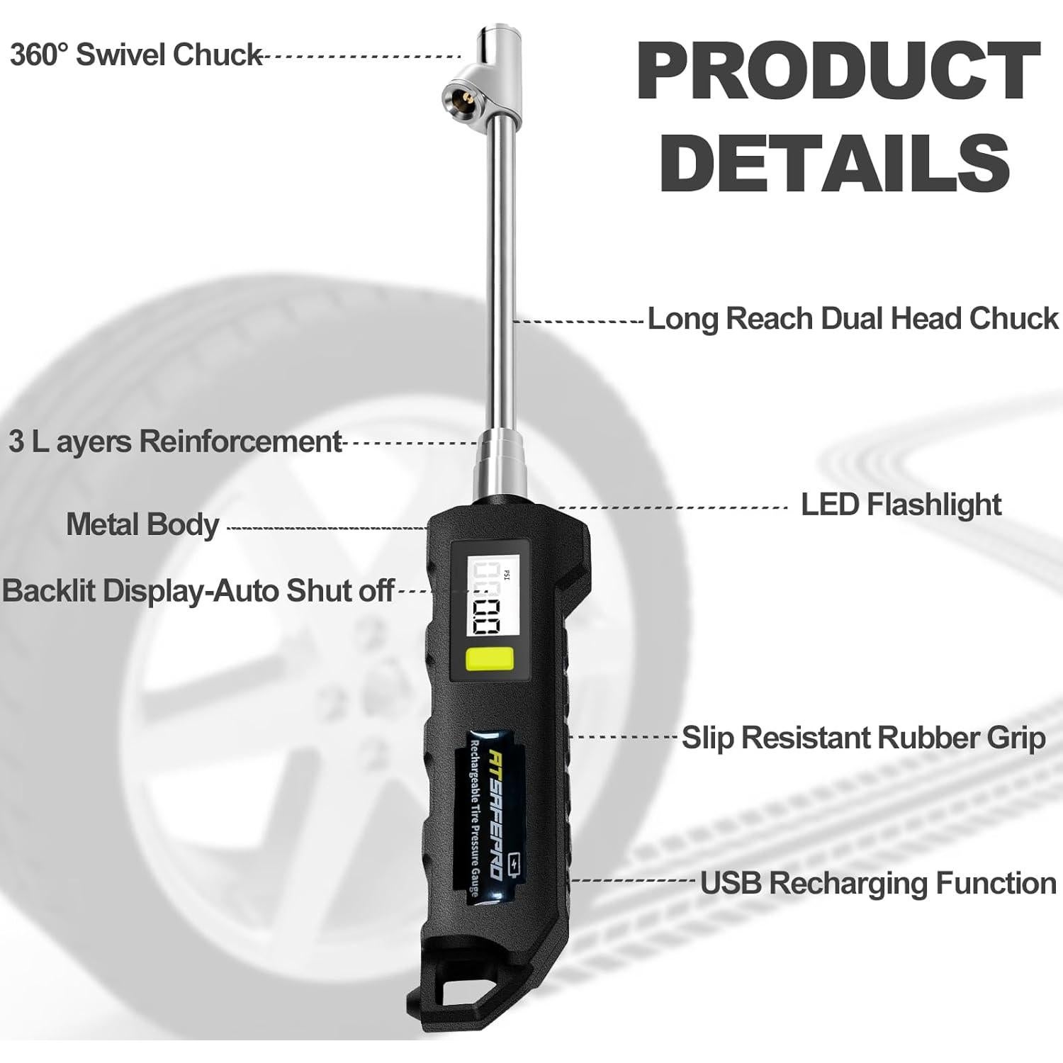 Medidor Digital de Presión de Neumáticos ATsafepro AS011-2