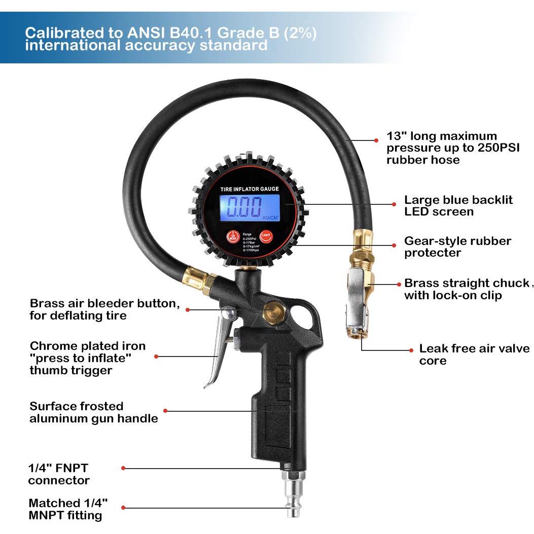 Medidor Digital de Inflador de Neumáticos CZC AUTO 250 PSI