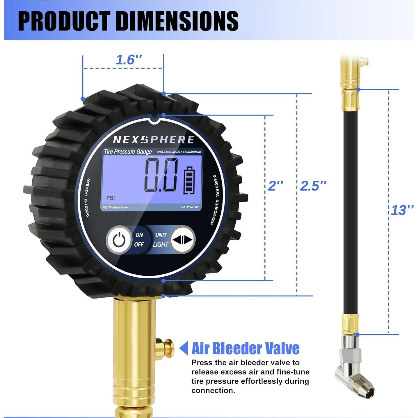 Medidor de Presión de Neumáticos Digital NexSphere 200 PSI