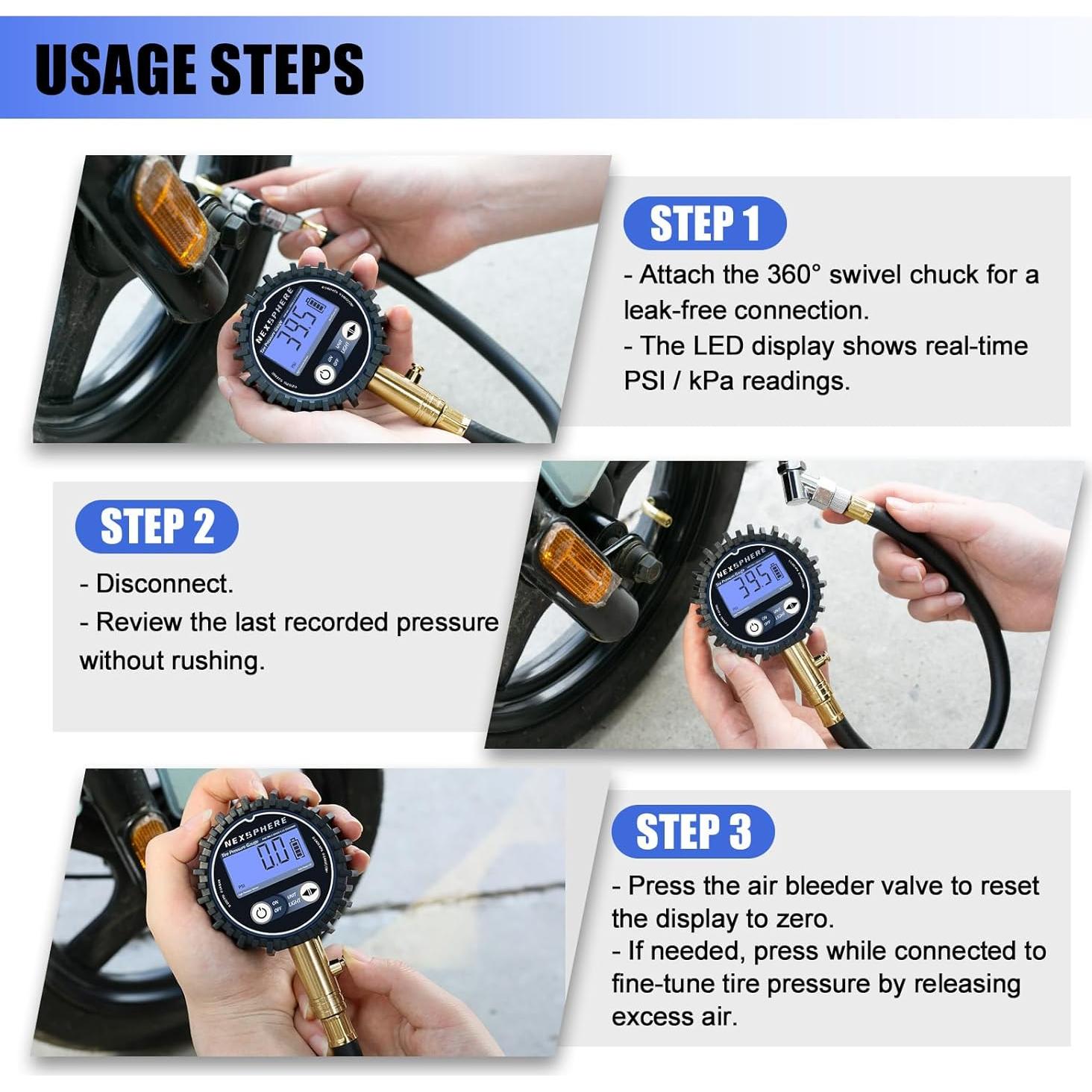 Medidor de Presión de Neumáticos Digital NexSphere 200 PSI