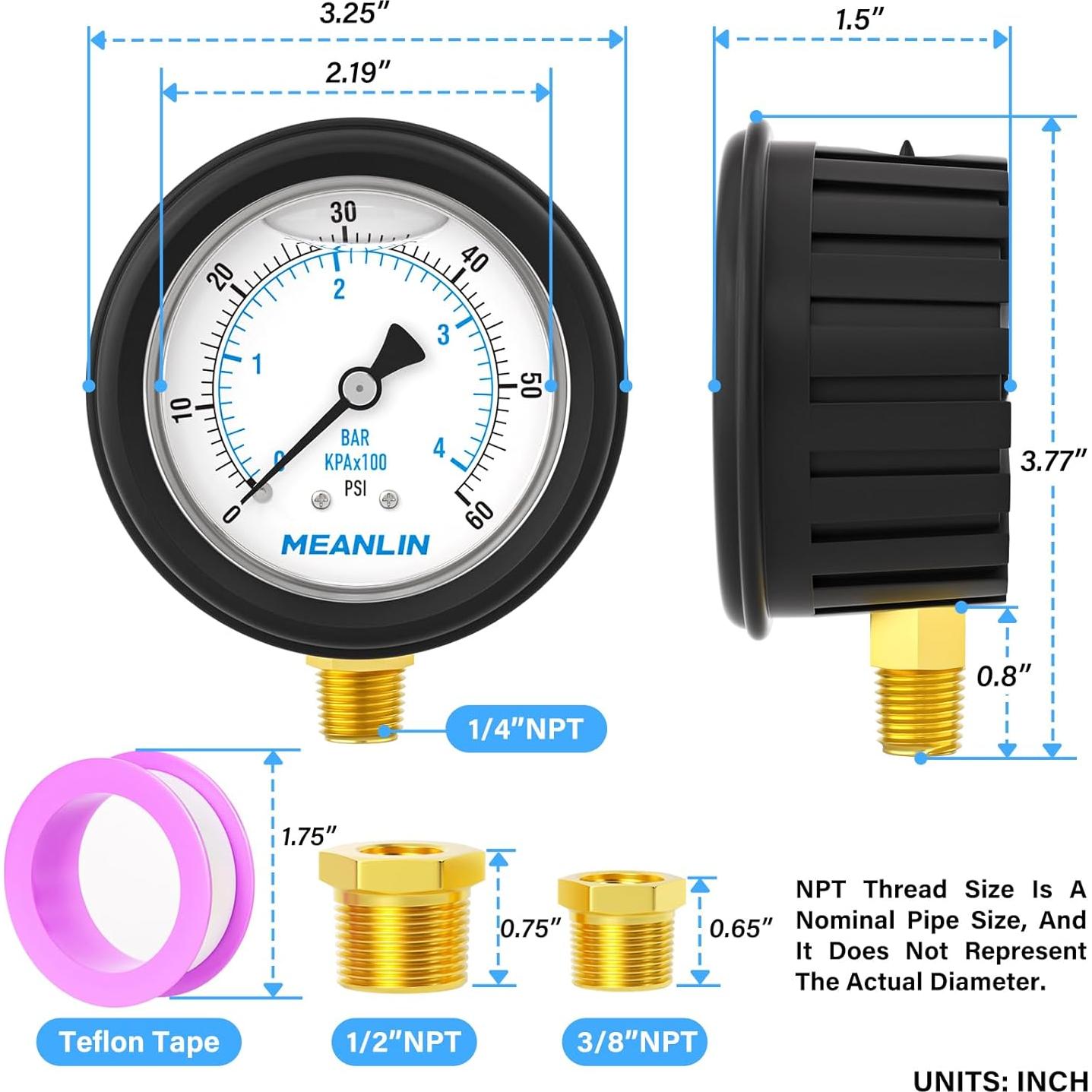 Manómetro Lleno de Líquido MEANLIN 1/4" NPT 2.5" 0-60Psi