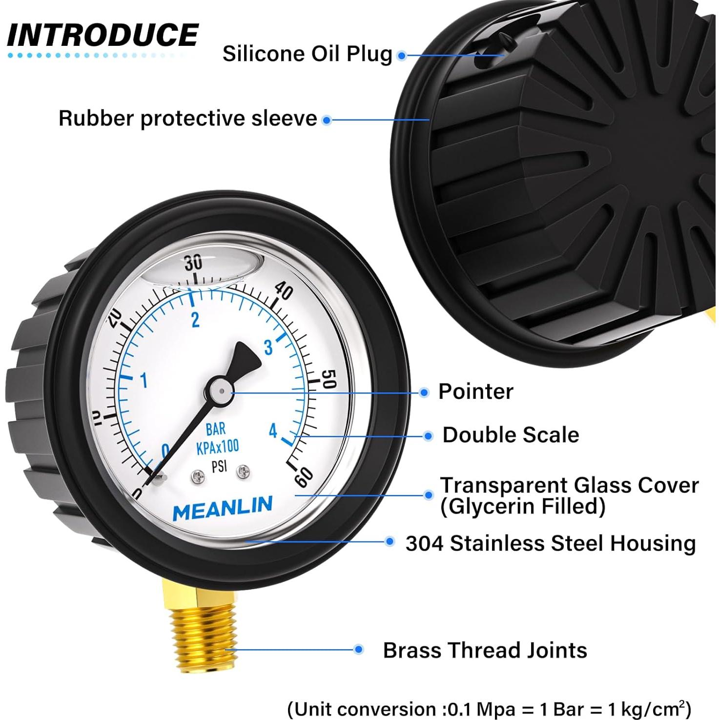 Manómetro Lleno de Líquido MEANLIN 1/4" NPT 2.5" 0-60Psi