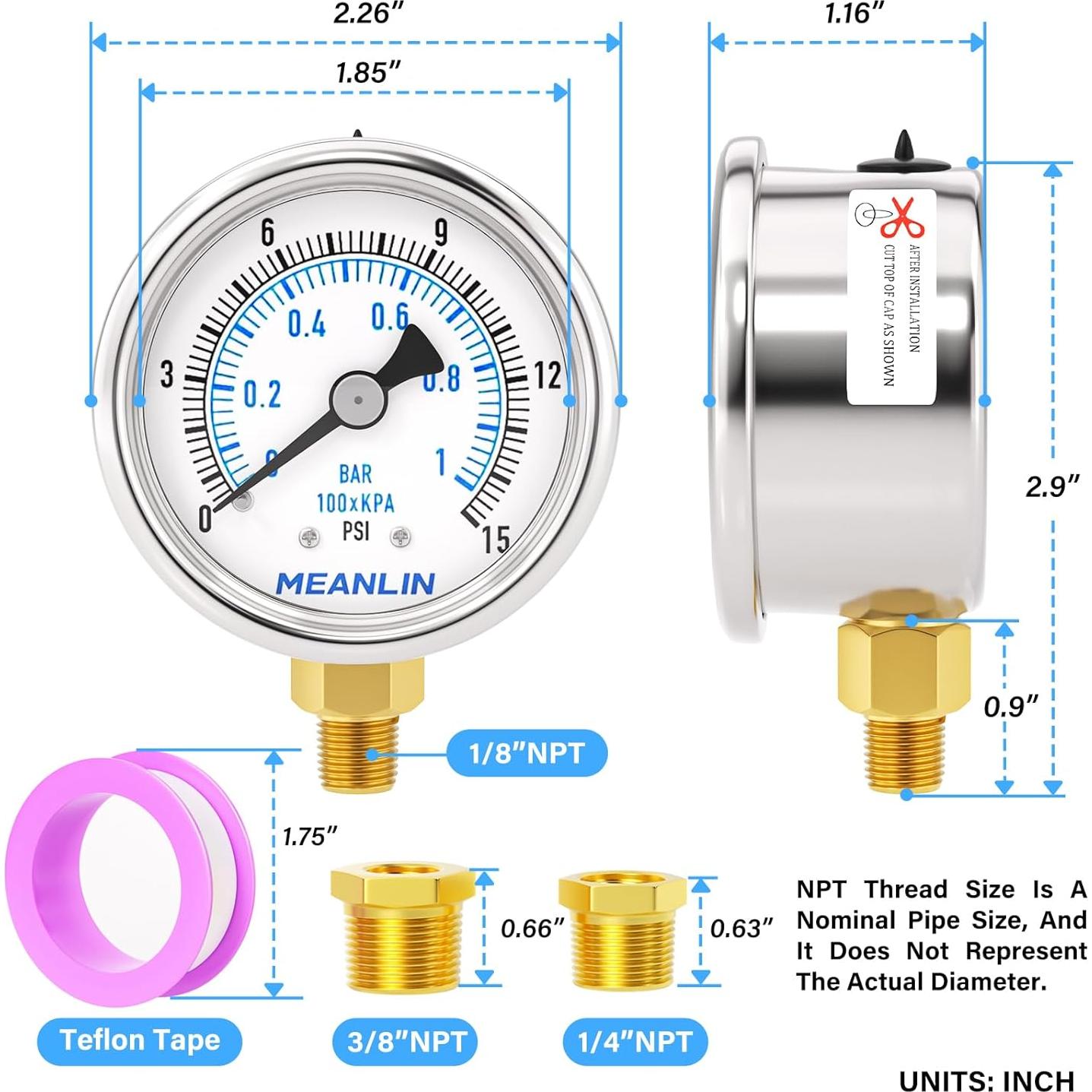 Manómetro de Presión Seco MEANLIN 0-15Psi Acero Inoxidable