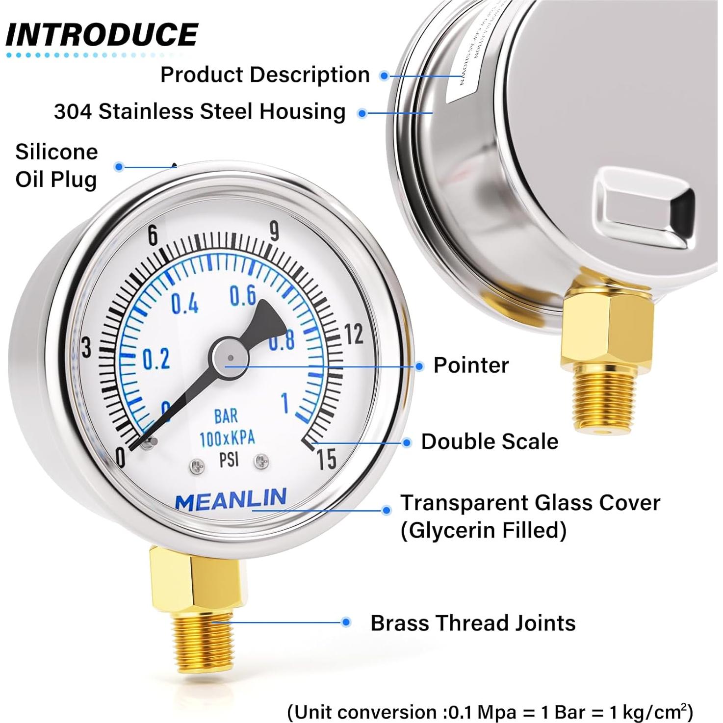 Manómetro de Presión Seco MEANLIN 0-15Psi Acero Inoxidable