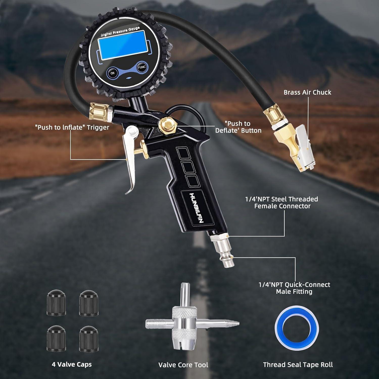 Manómetro Digital de Neumáticos HUNBILFIN 200 PSI con Inflador