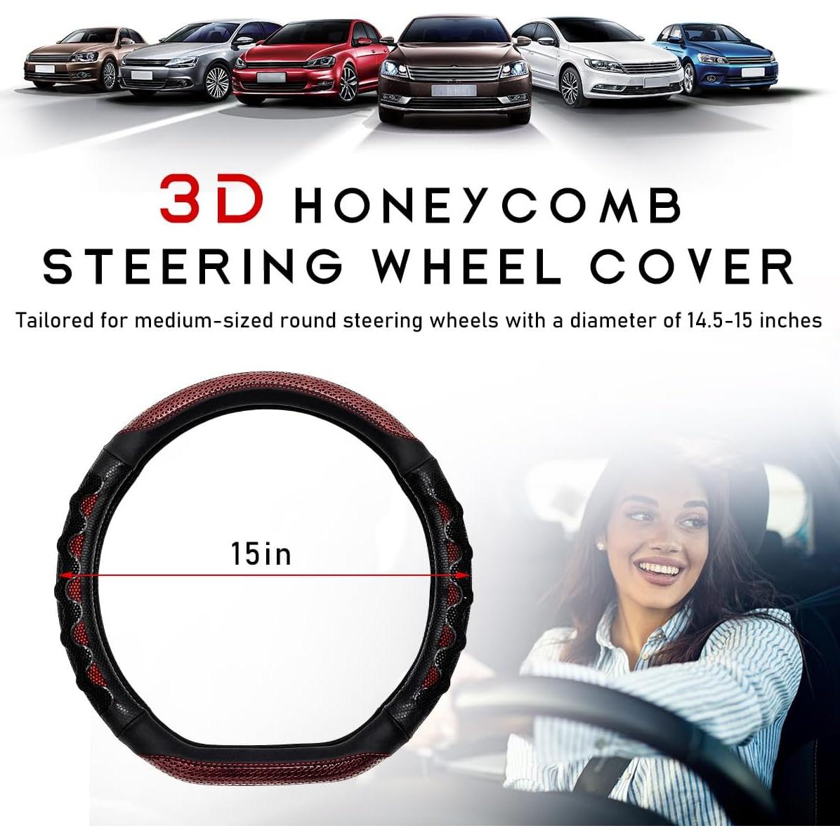 Funda de Volante de Coche DXNQ 3D Antideslizante Rojo 37-38 cm